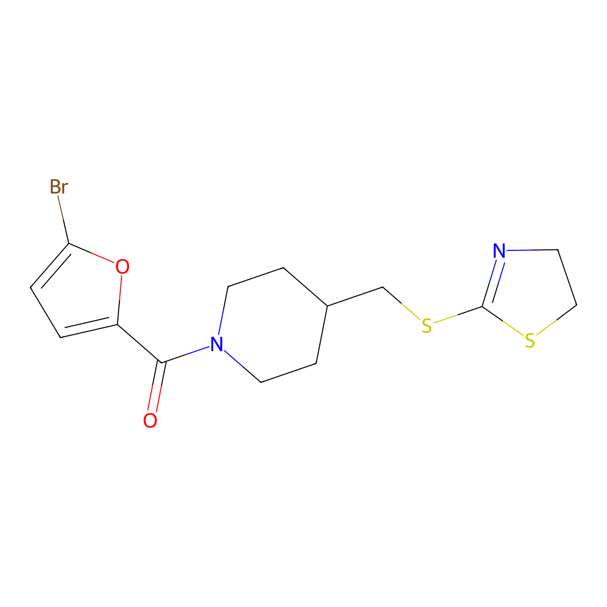 (5-Bromofuran-2-yl)(4-(((4,5-dihydrothiazol-2-yl)thio)methyl)piperidin-1-yl)methanone molecular structure, CAS 1396872-29-9
