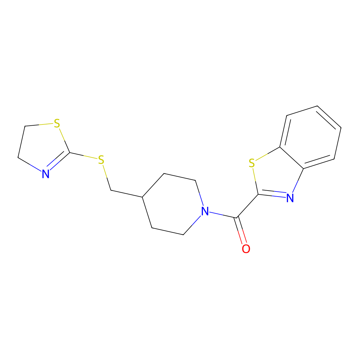 Benzo[d]thiazol-2-yl(4-(((4,5-dihydrothiazol-2-yl)thio)methyl)piperidin-1-yl)methanone molecular structure, CAS 1396872-39-1