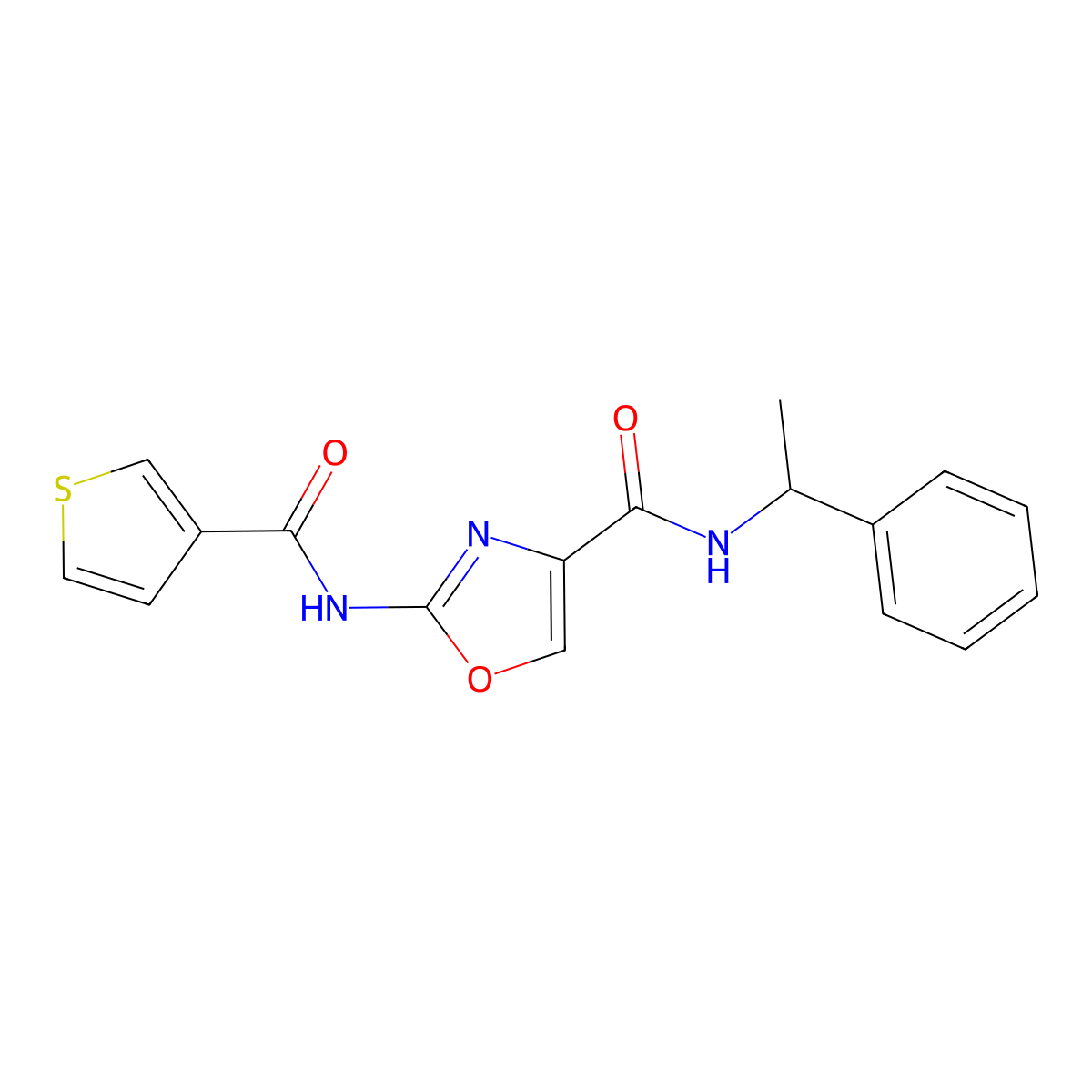 N-(1-phenylethyl)-2-(thiophene-3-carboxamido)oxazole-4-carboxamide molecular structure, CAS 1396872-46-0