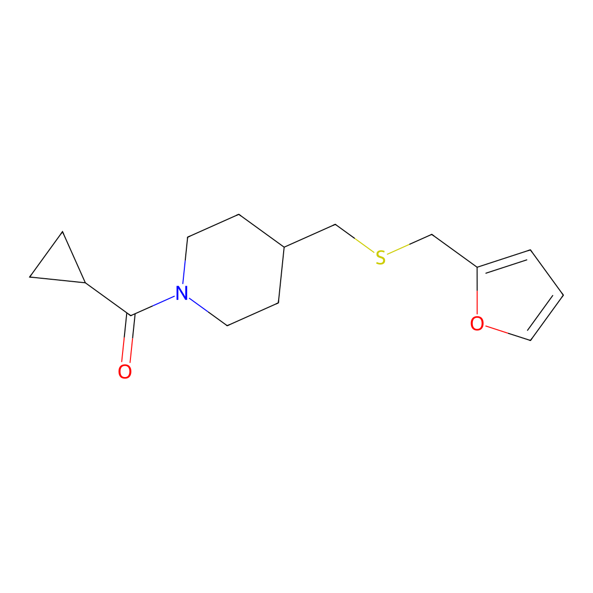Cyclopropyl(4-(((furan-2-ylmethyl)thio)methyl)piperidin-1-yl)methanone molecular structure, CAS 1396872-49-3