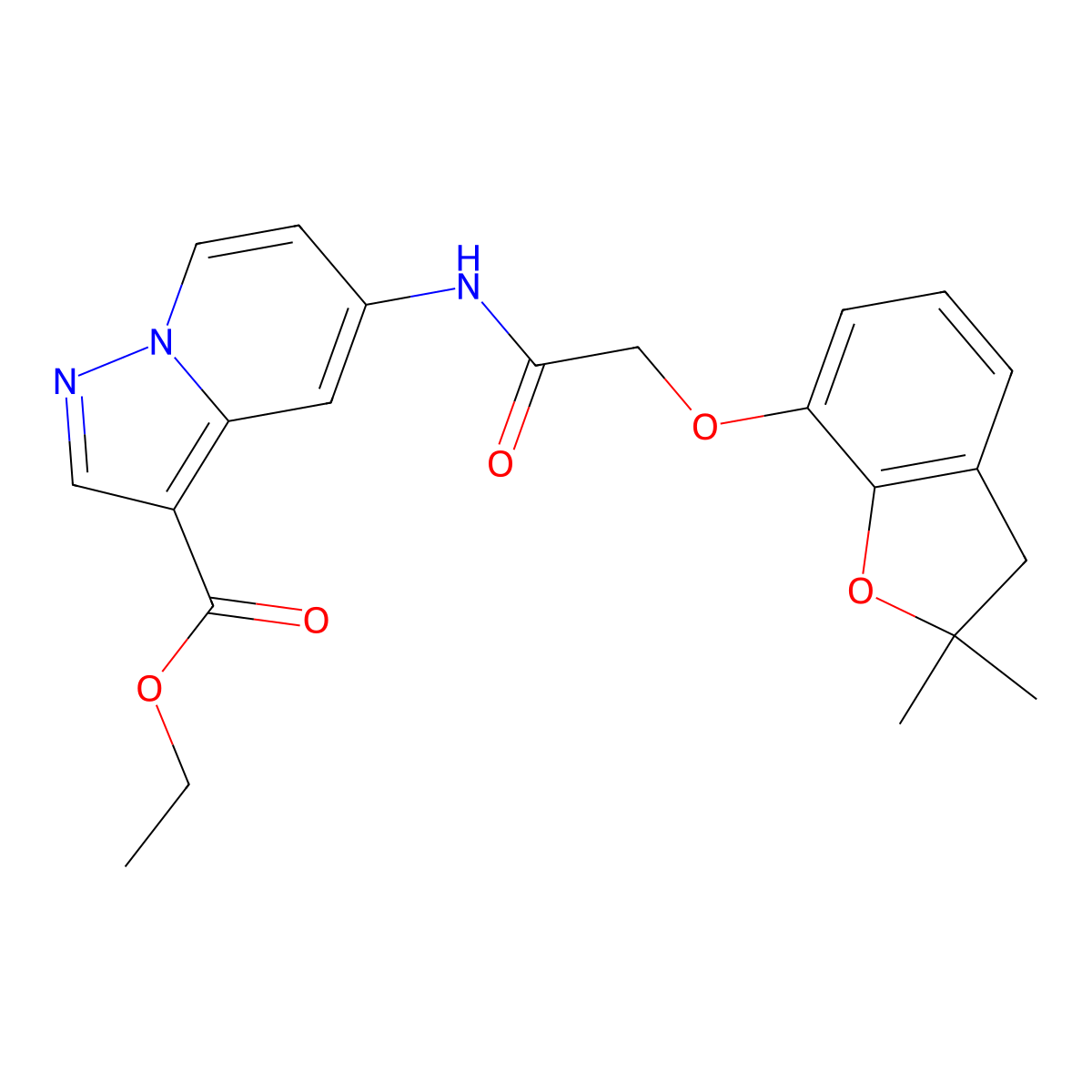 Ethyl 5-(2-((2,2-dimethyl-2,3-dihydrobenzofuran-7-yl)oxy)acetamido)pyrazolo[1,5-a]pyridine-3-carboxylate molecular structure, CAS 1396872-60-8