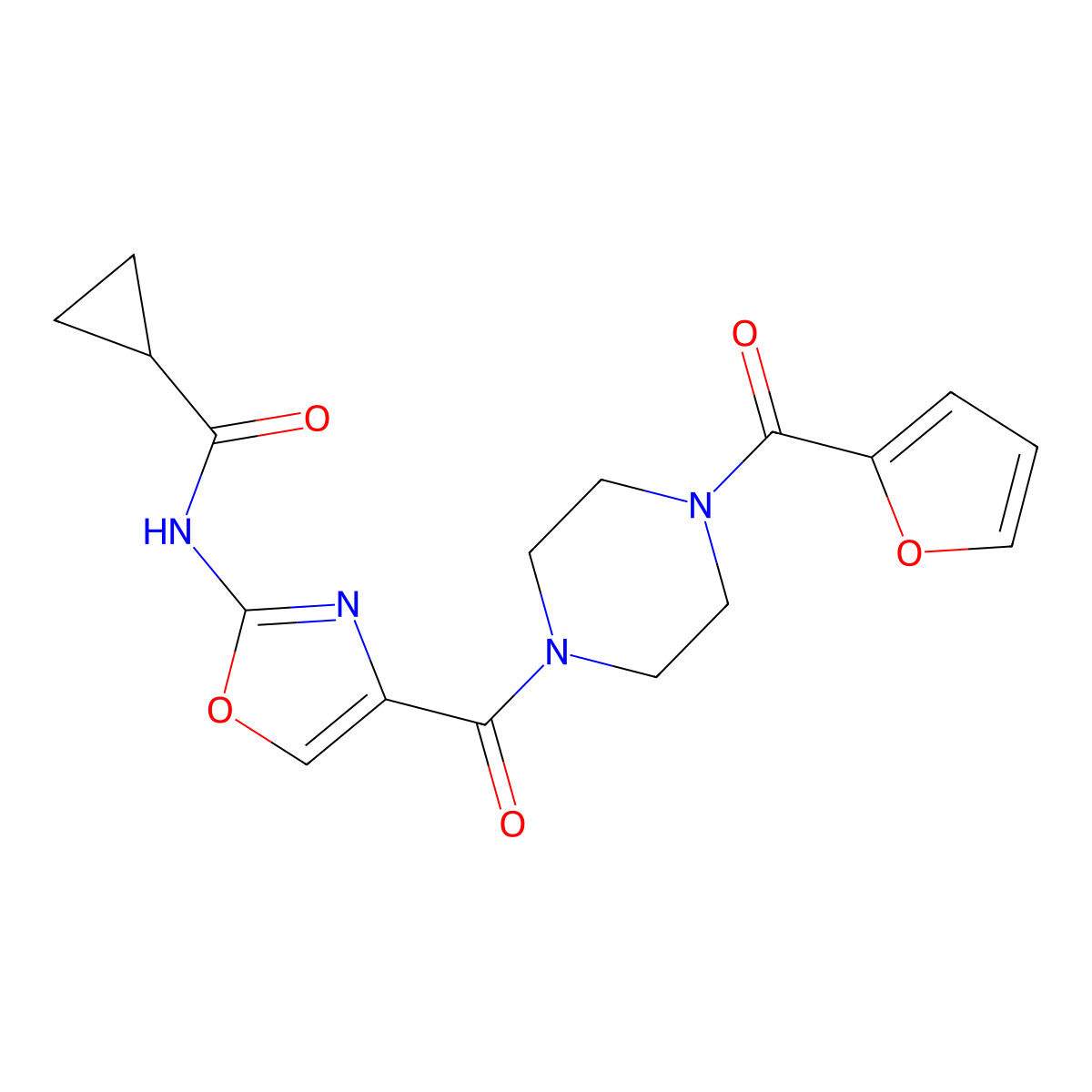 N-(4-(4-(furan-2-carbonyl)piperazine-1-carbonyl)oxazol-2-yl)cyclopropanecarboxamide molecular structure, CAS 1396872-61-9