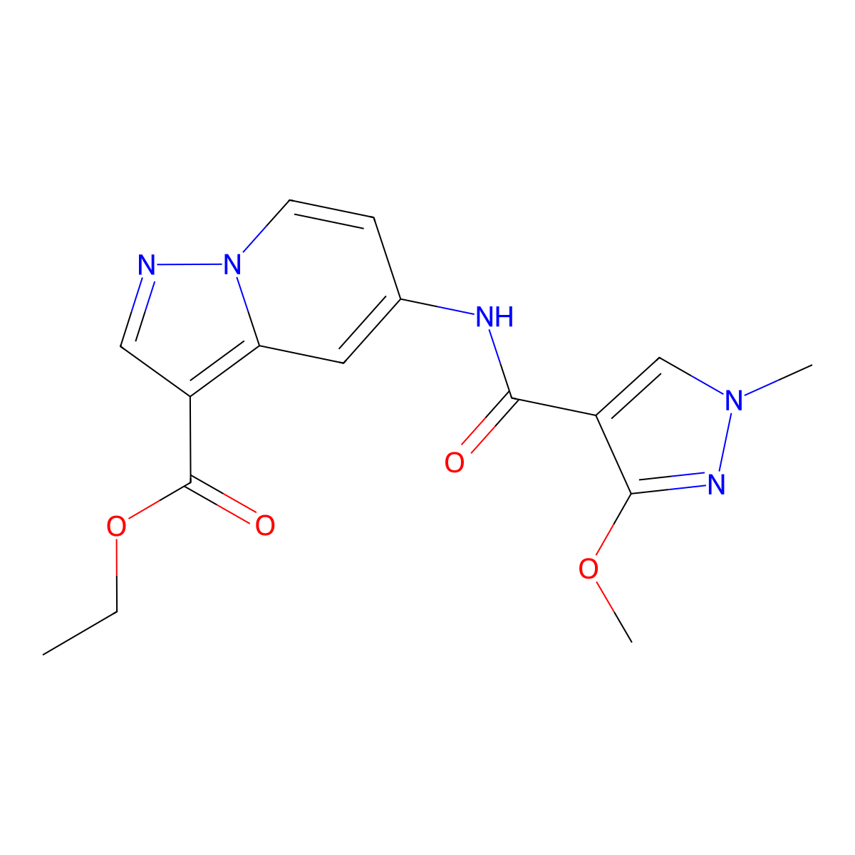 ethyl 5-(3-methoxy-1-methyl-1H-pyrazole-4-carboxamido)pyrazolo[1,5-a]pyridine-3-carboxylate molecular structure, CAS 1396872-68-6