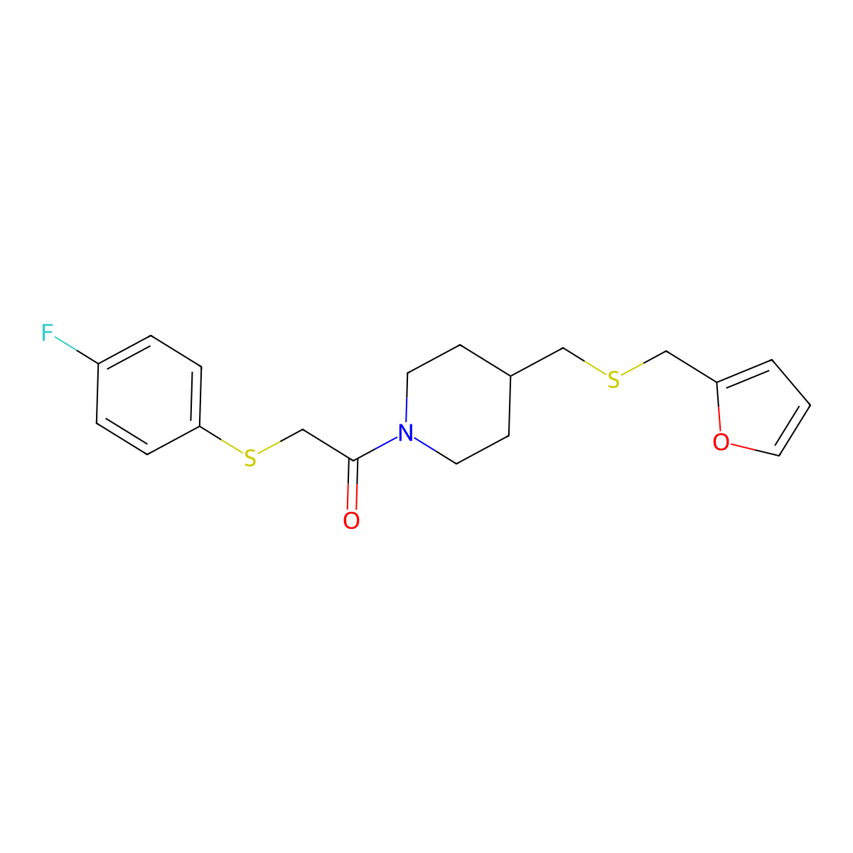 2-((4-Fluorophenyl)thio)-1-(4-(((furan-2-ylmethyl)thio)methyl)piperidin-1-yl)ethanone molecular structure, CAS 1396872-75-5