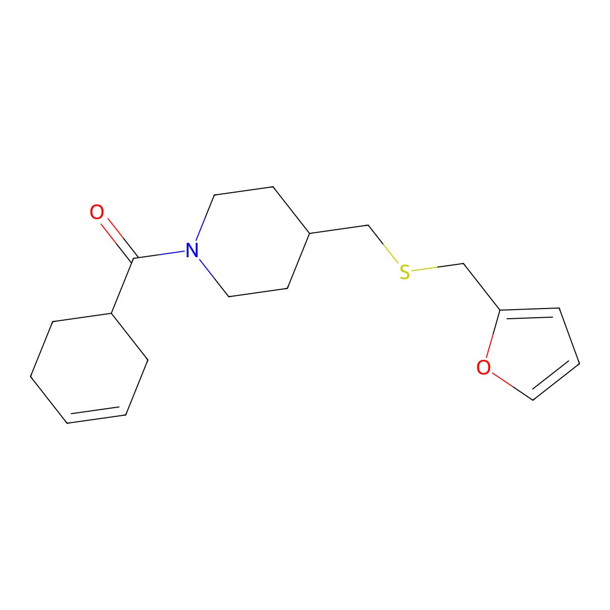 Cyclohex-3-en-1-yl(4-(((furan-2-ylmethyl)thio)methyl)piperidin-1-yl)methanone molecular structure, CAS 1396872-83-5