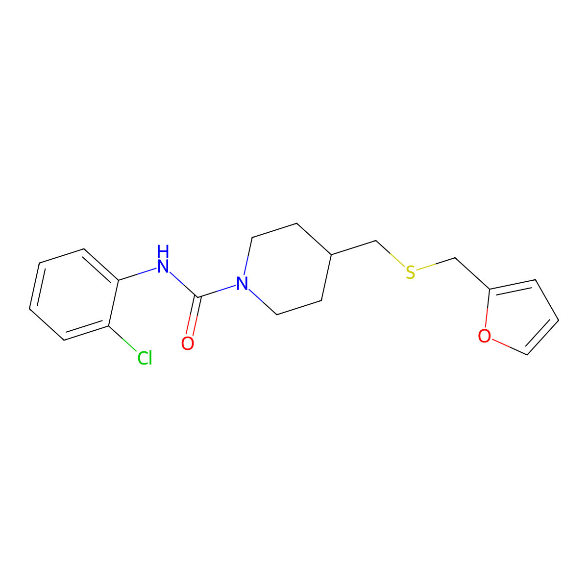 N-(2-chlorophenyl)-4-(((furan-2-ylmethyl)thio)methyl)piperidine-1-carboxamide molecular structure, CAS 1396872-93-7