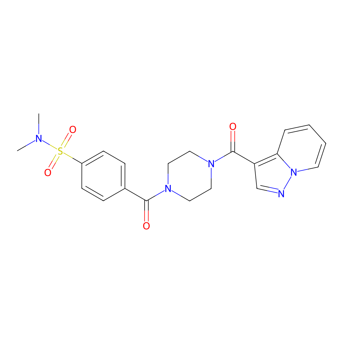 N,N-dimethyl-4-(4-(pyrazolo[1,5-a]pyridine-3-carbonyl)piperazine-1-carbonyl)benzenesulfonamide molecular structure, CAS 1396872-99-3
