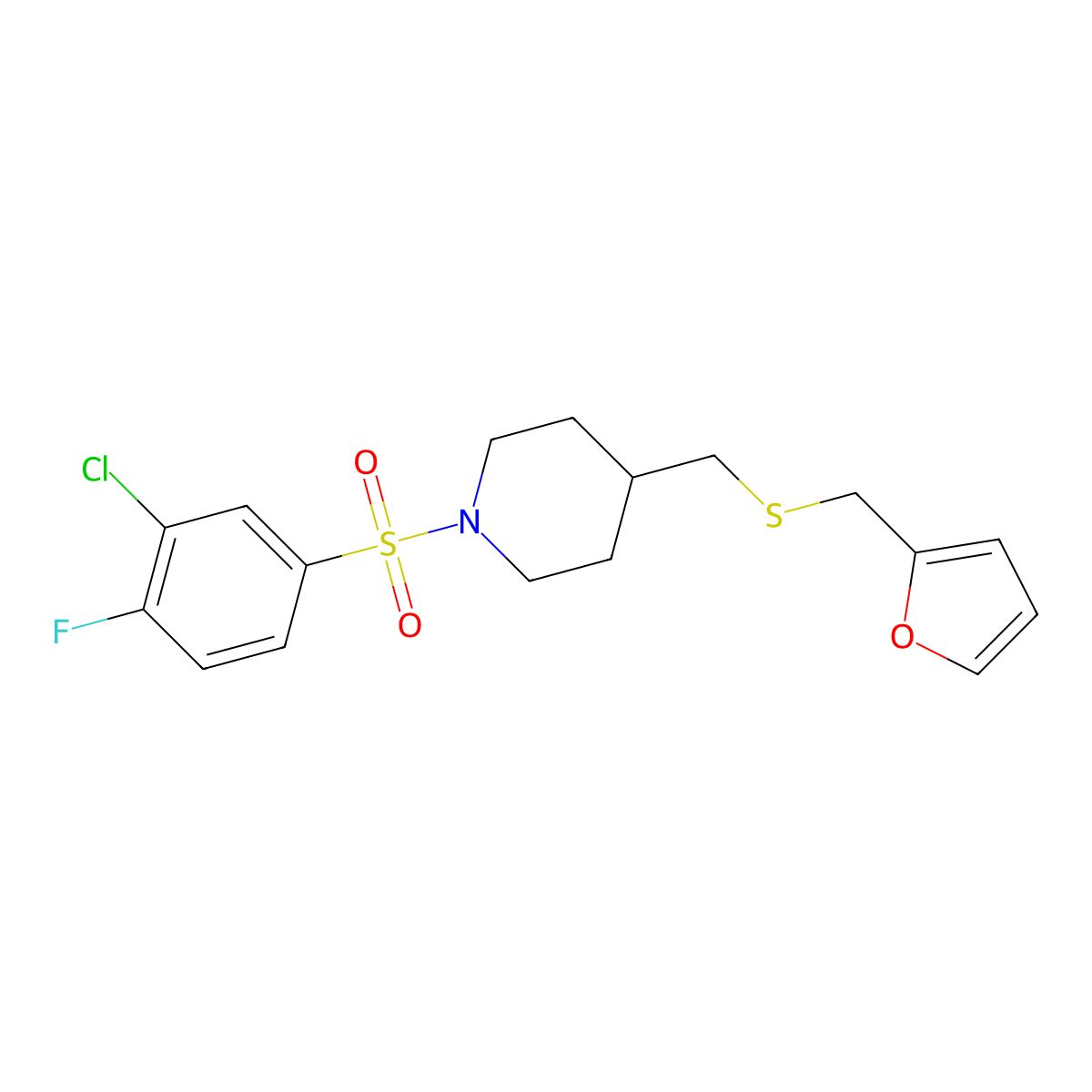 1-((3-Chloro-4-fluorophenyl)sulfonyl)-4-(((furan-2-ylmethyl)thio)methyl)piperidine molecular structure, CAS 1396873-01-0