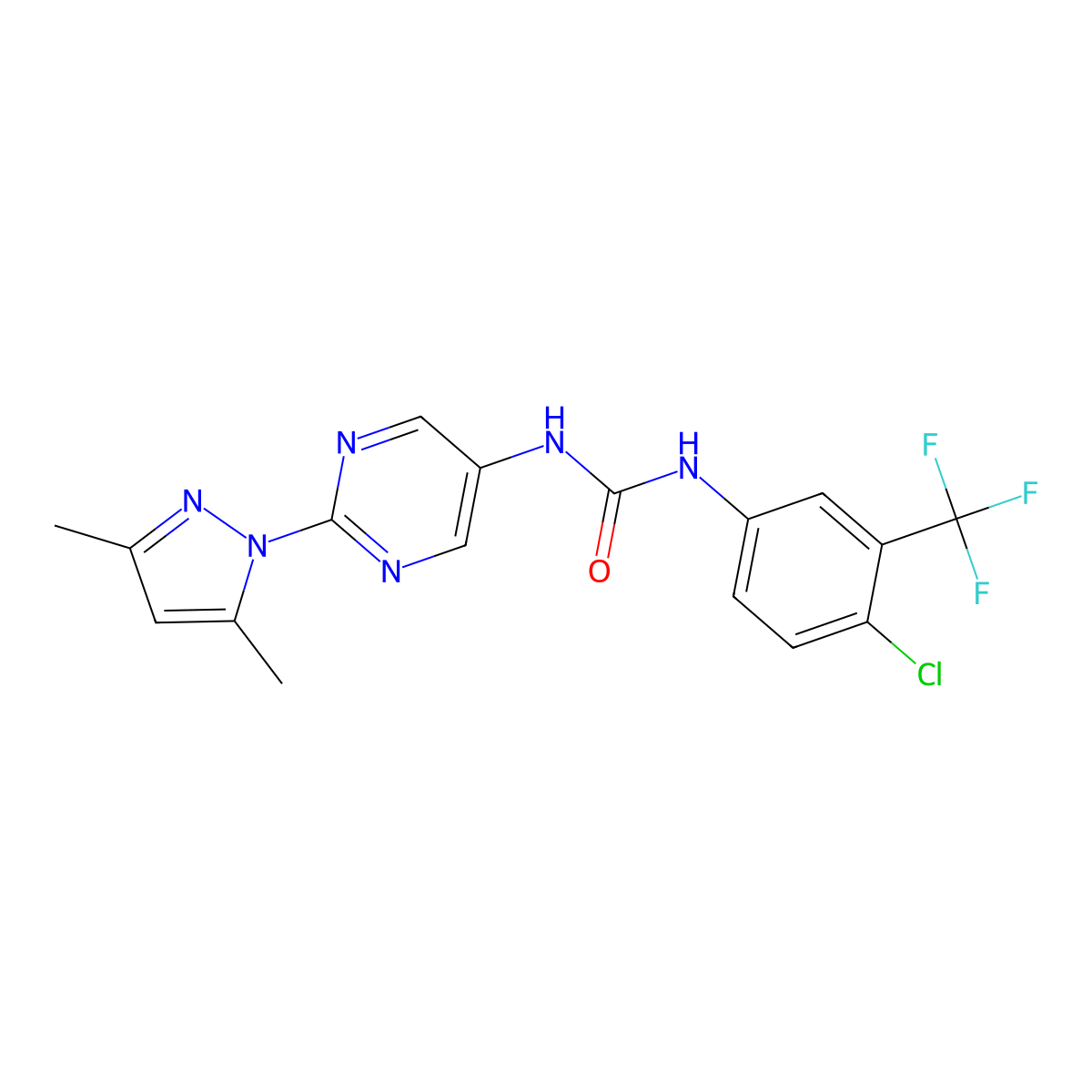 1-(4-chloro-3-(trifluoromethyl)phenyl)-3-(2-(3,5-dimethyl-1H-pyrazol-1-yl)pyrimidin-5-yl)urea molecular structure, CAS 1396873-04-3