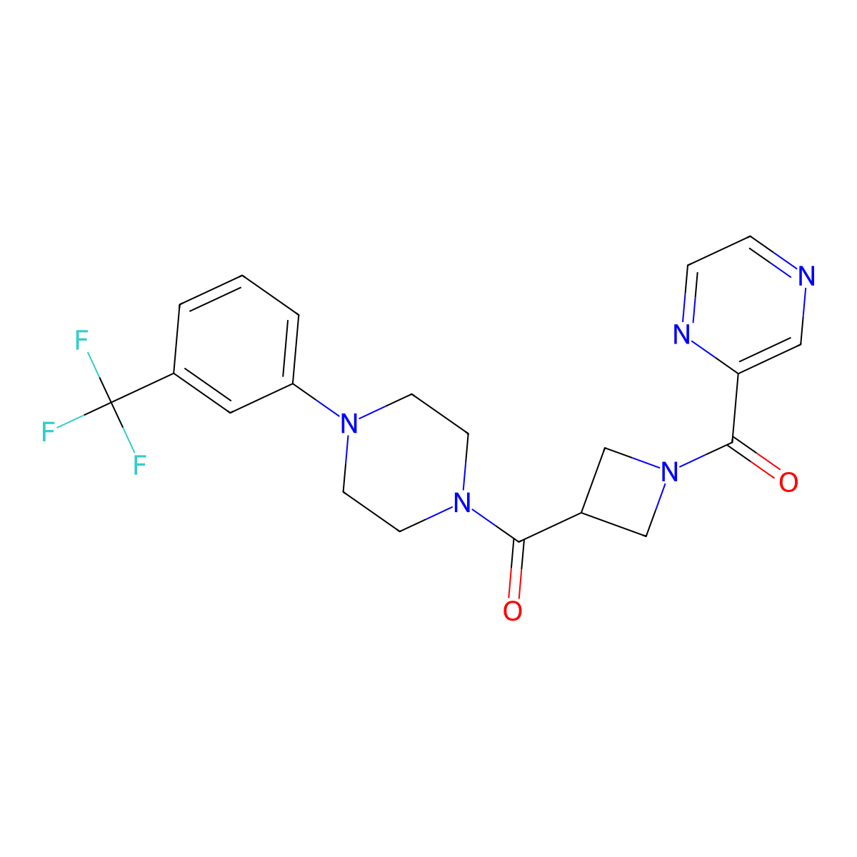 Pyrazin-2-yl(3-(4-(3-(trifluoromethyl)phenyl)piperazine-1-carbonyl)azetidin-1-yl)methanone molecular structure, CAS 1396873-21-4