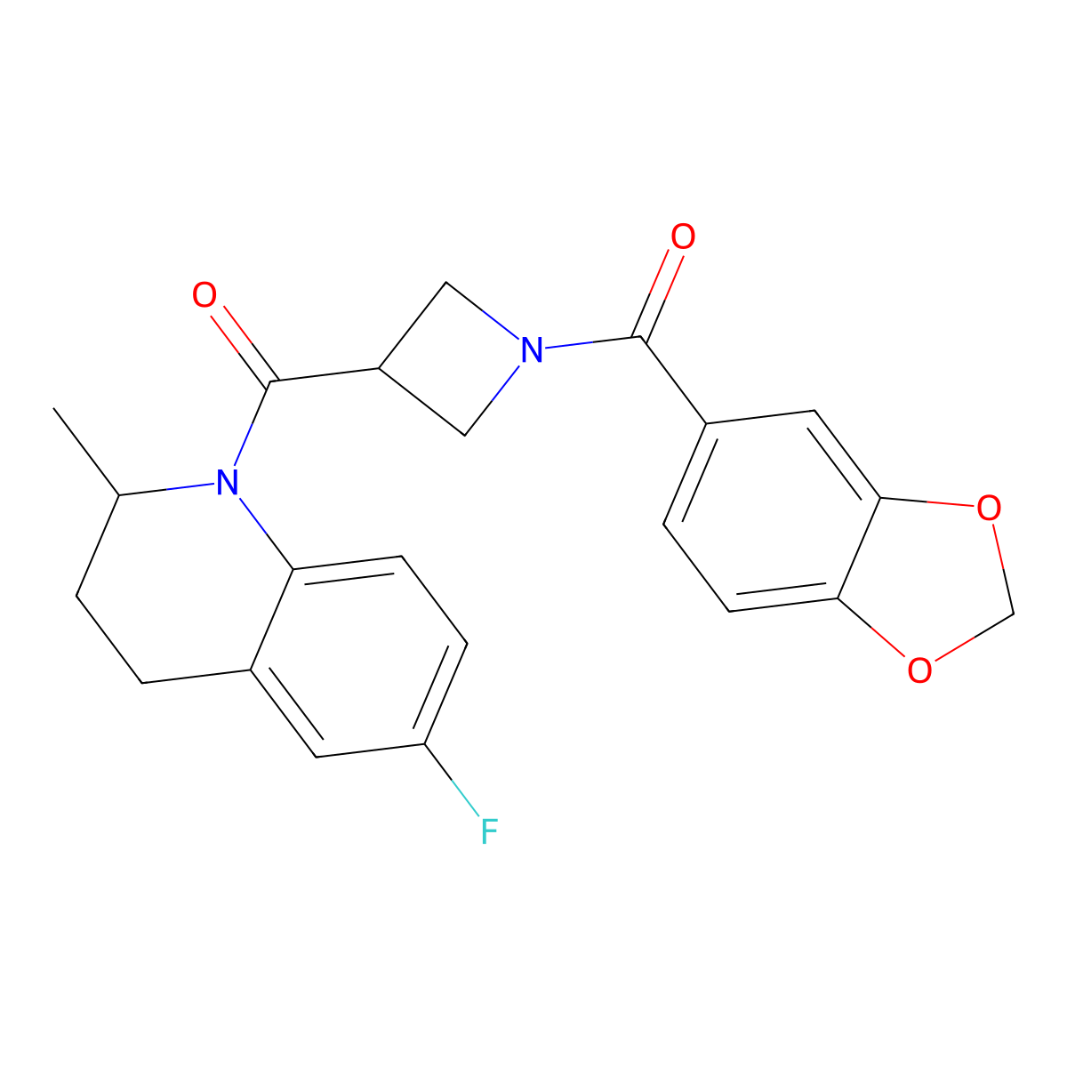 Benzo[d][1,3]dioxol-5-yl(3-(6-fluoro-2-methyl-1,2,3,4-tetrahydroquinoline-1-carbonyl)azetidin-1-yl)methanone molecular structure, CAS 1396873-57-6