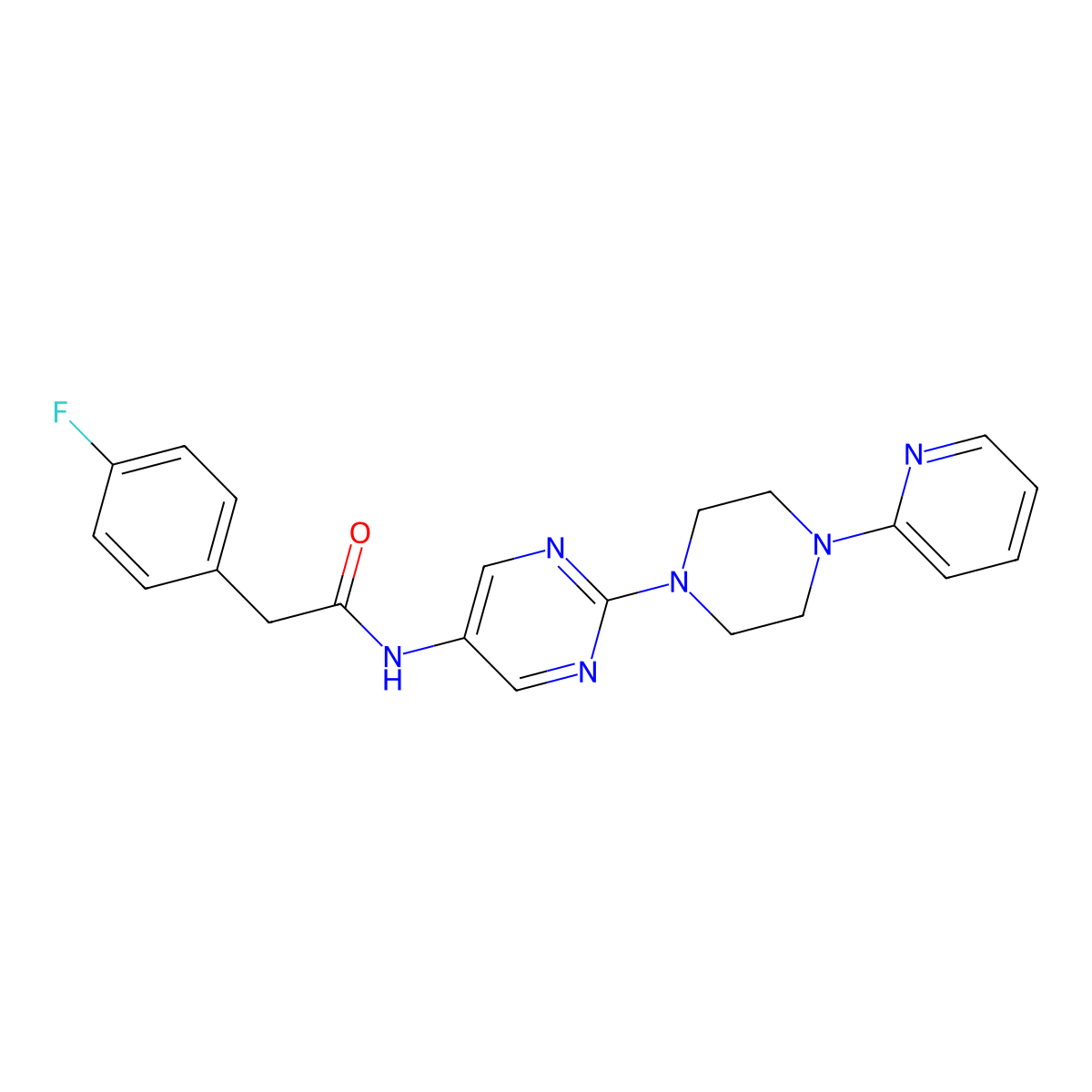2-(4-fluorophenyl)-N-(2-(4-(pyridin-2-yl)piperazin-1-yl)pyrimidin-5-yl)acetamide molecular structure, CAS 1396873-61-2