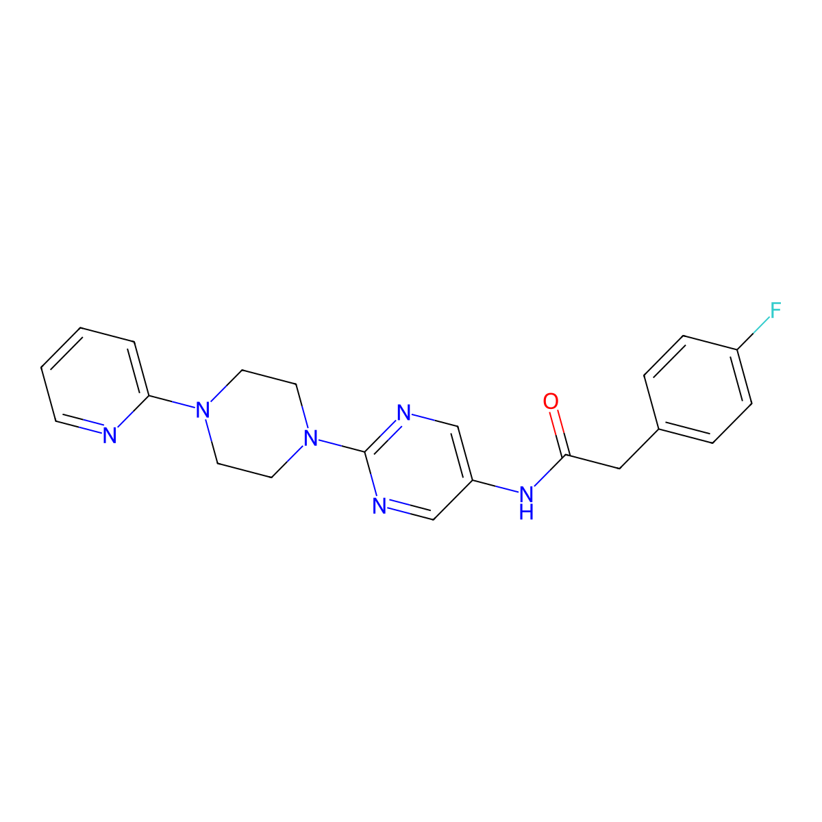 2-(4-fluorophenyl)-N-(2-(4-(pyridin-2-yl)piperazin-1-yl)pyrimidin-5-yl)acetamide molecular structure, CAS 1396873-61-2