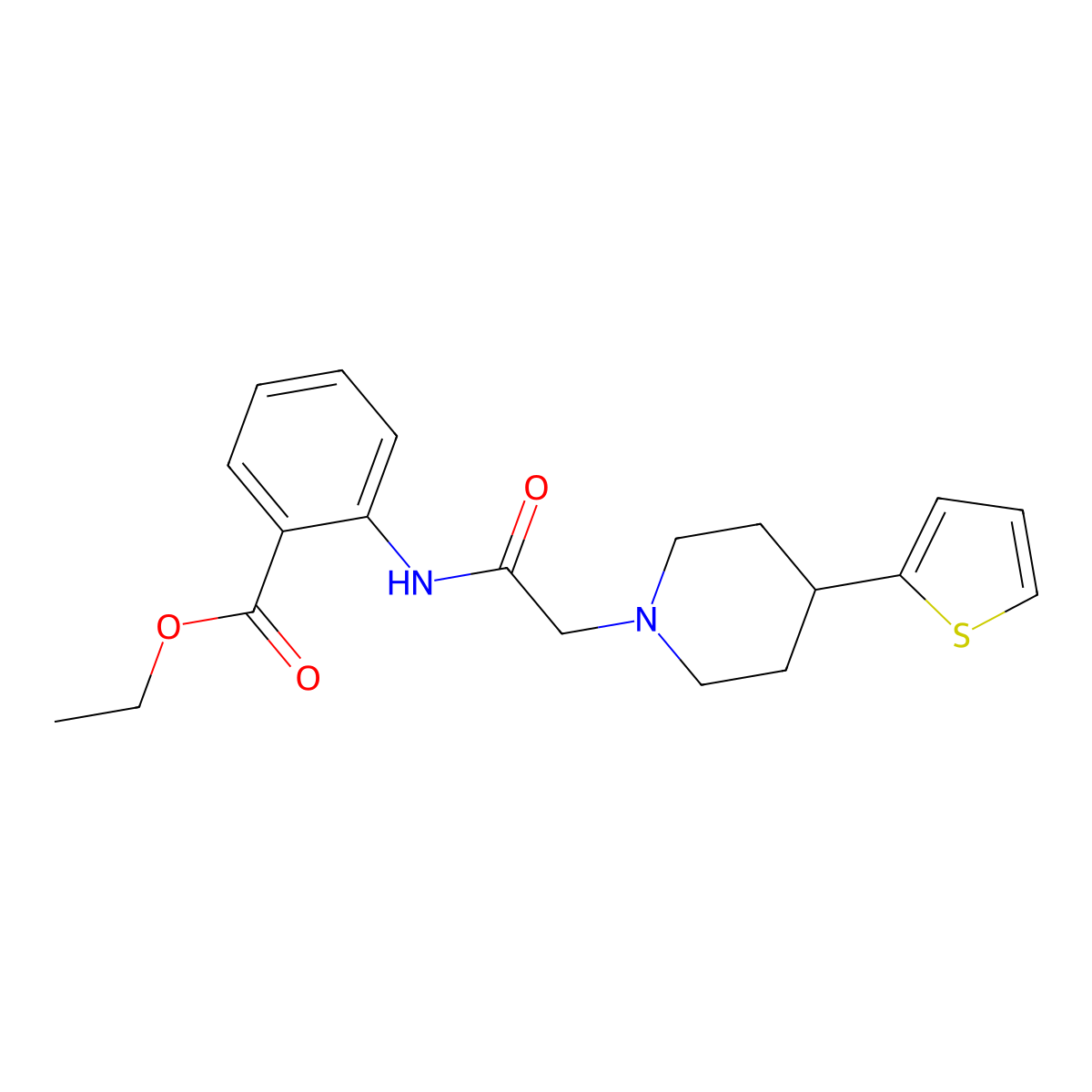 Ethyl 2-(2-(4-(thiophen-2-yl)piperidin-1-yl)acetamido)benzoate molecular structure, CAS 1396873-66-7
