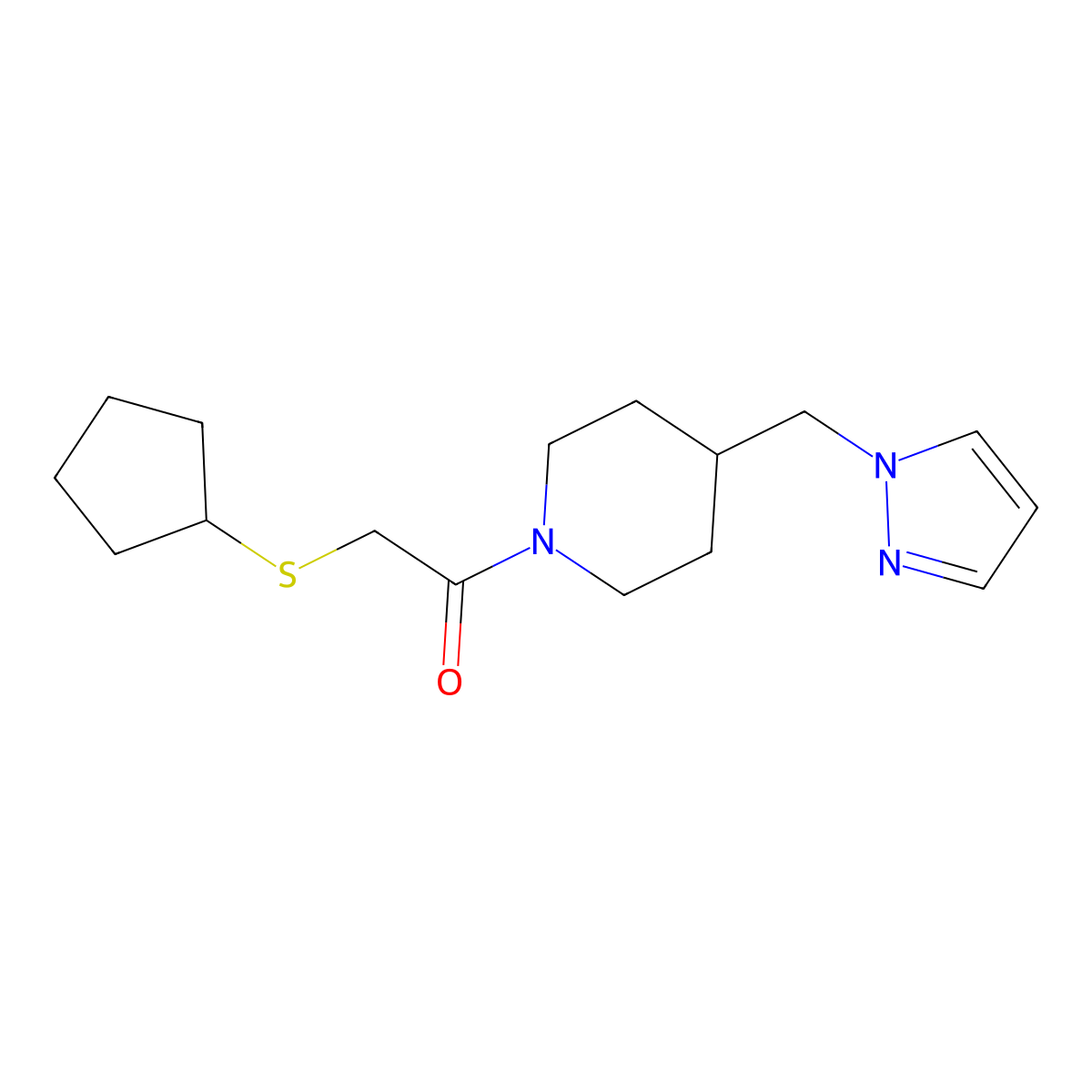 1-(4-((1H-pyrazol-1-yl)methyl)piperidin-1-yl)-2-(cyclopentylthio)ethanone molecular structure, CAS 1396873-89-4