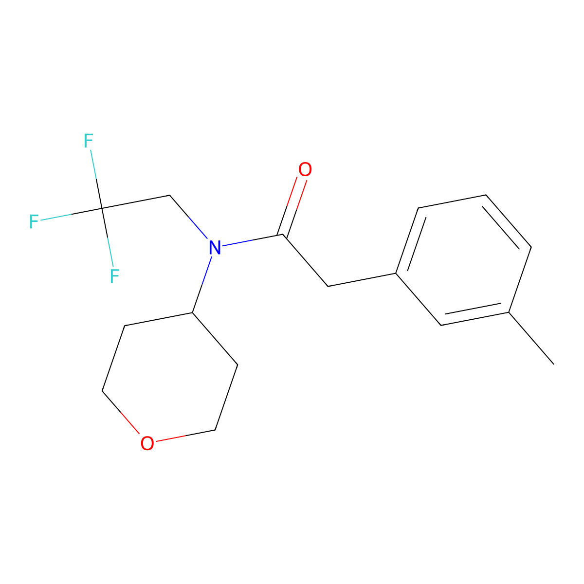 2-(3-methylphenyl)-N-(oxan-4-yl)-N-(2,2,2-trifluoroethyl)acetamide molecular structure, CAS 1396873-90-7