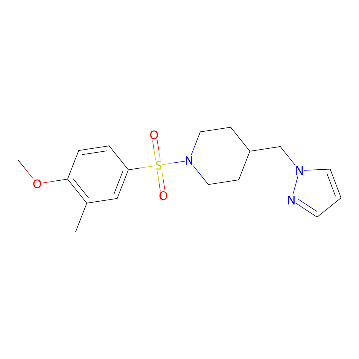 4-((1H-pyrazol-1-yl)methyl)-1-((4-methoxy-3-methylphenyl)sulfonyl)piperidine molecular structure, CAS 1396873-94-1