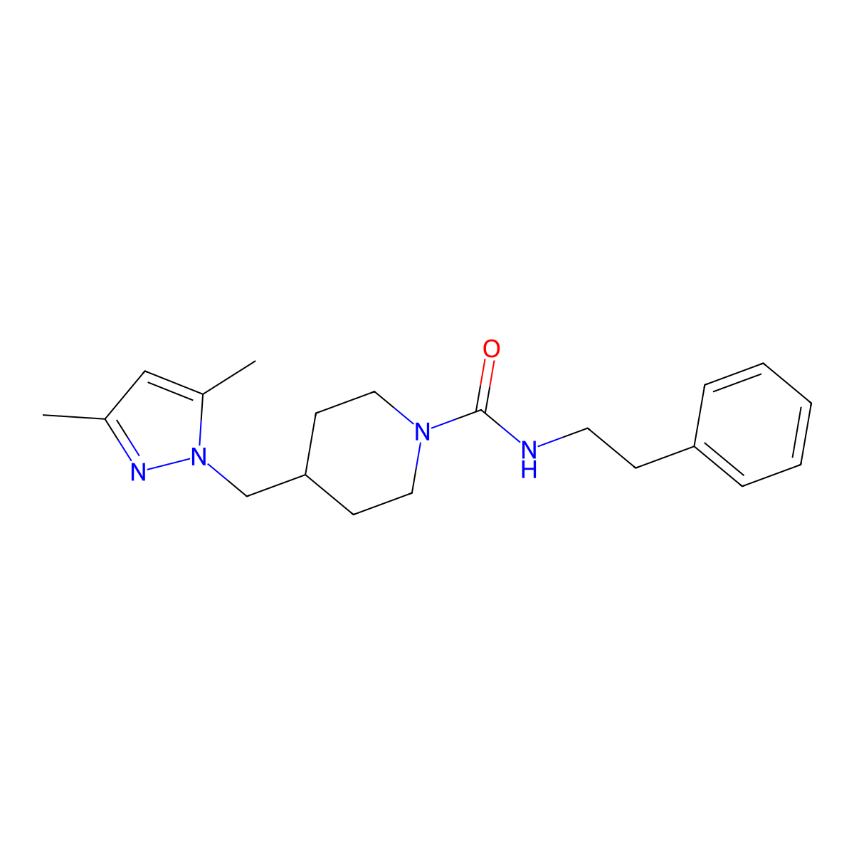 4-((3,5-dimethyl-1H-pyrazol-1-yl)methyl)-N-phenethylpiperidine-1-carboxamide molecular structure, CAS 1396874-08-0