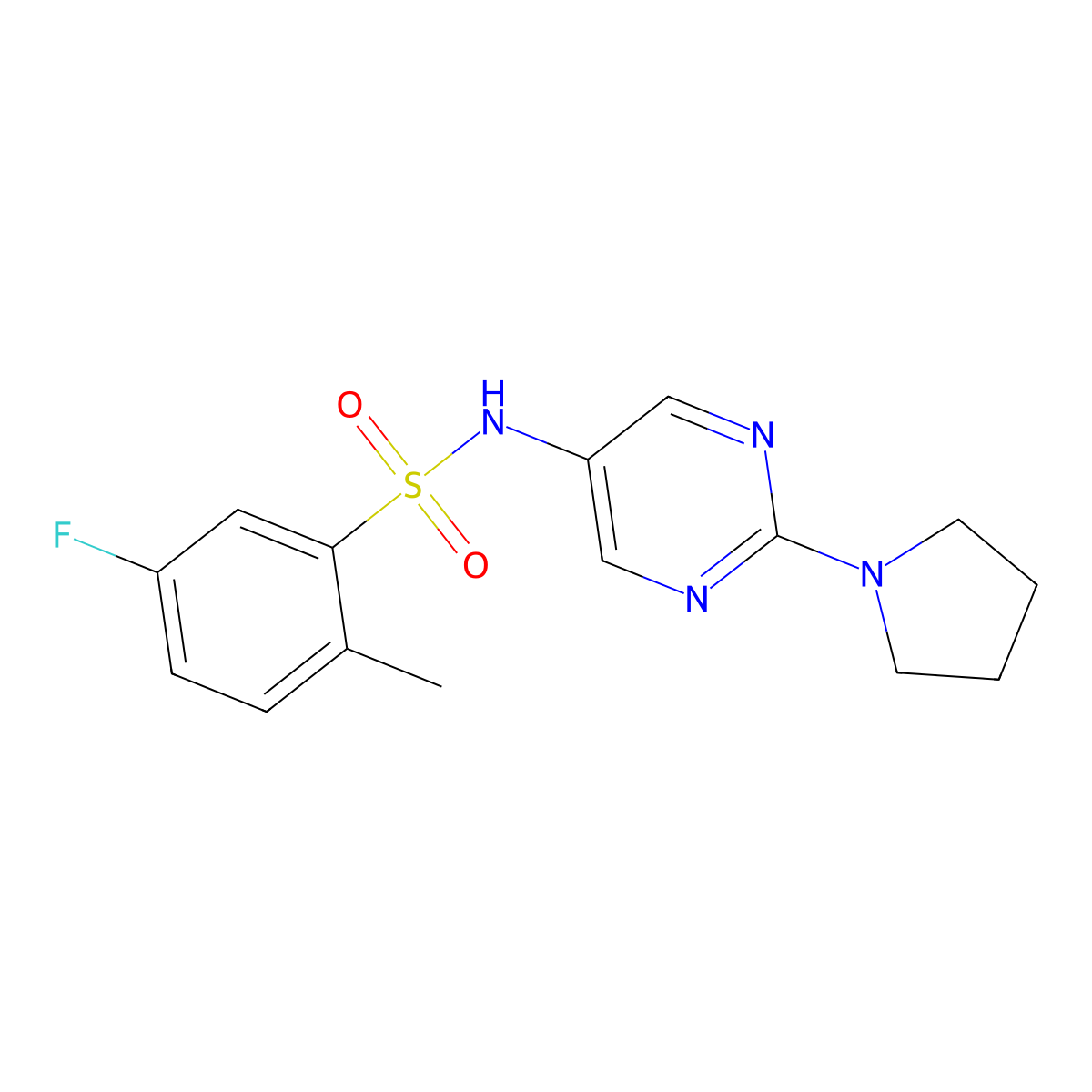 5-fluoro-2-methyl-N-(2-(pyrrolidin-1-yl)pyrimidin-5-yl)benzenesulfonamide molecular structure, CAS 1396874-09-1
