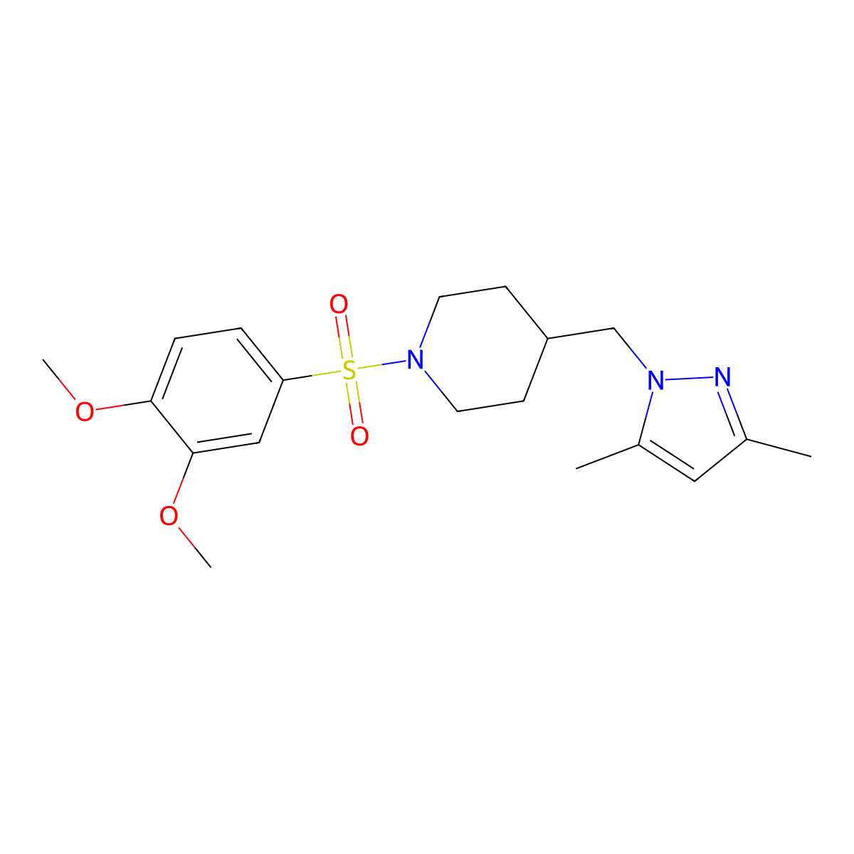1-((3,4-dimethoxyphenyl)sulfonyl)-4-((3,5-dimethyl-1H-pyrazol-1-yl)methyl)piperidine molecular structure, CAS 1396874-12-6