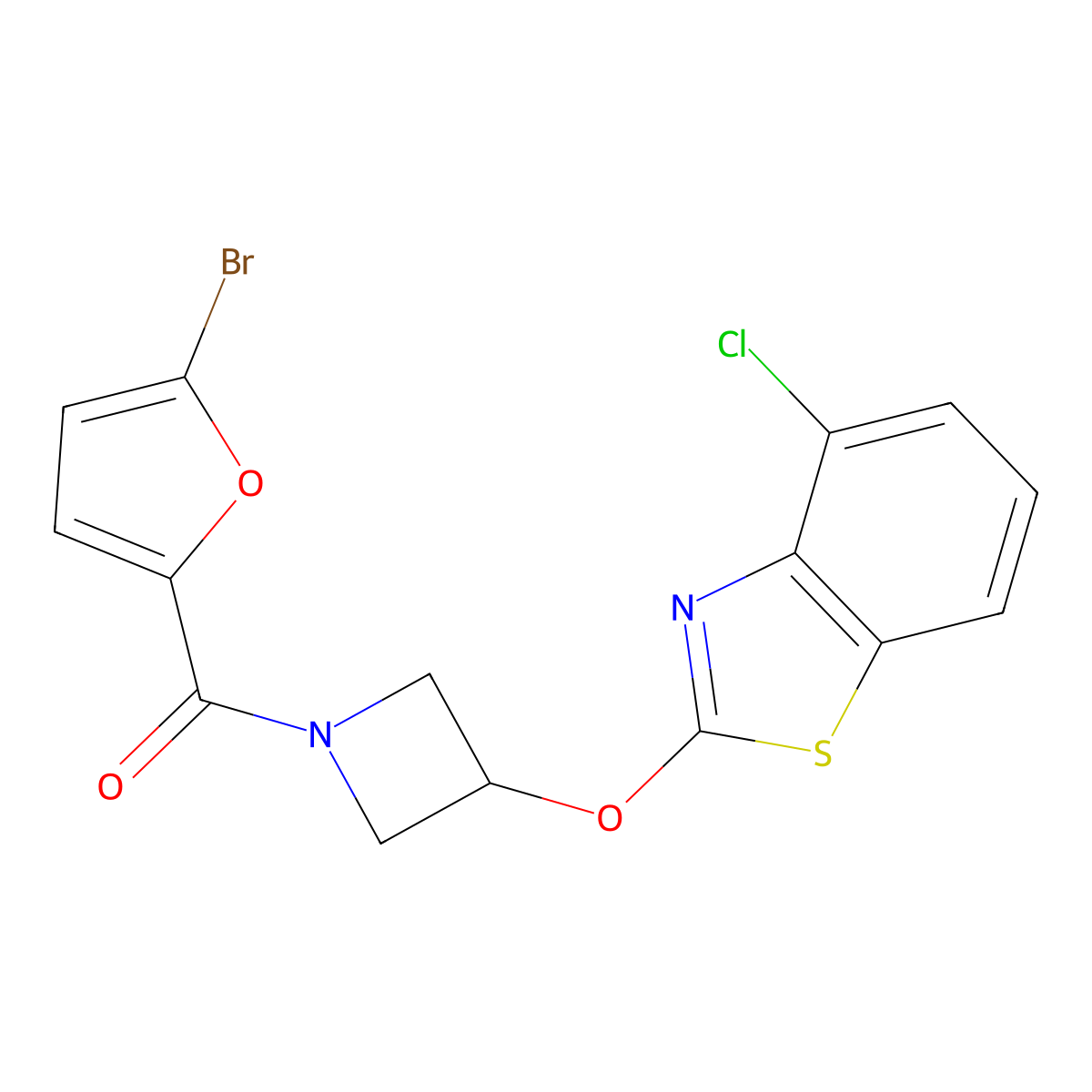 (5-Bromofuran-2-yl)(3-((4-chlorobenzo[d]thiazol-2-yl)oxy)azetidin-1-yl)methanone molecular structure, CAS 1396874-23-9