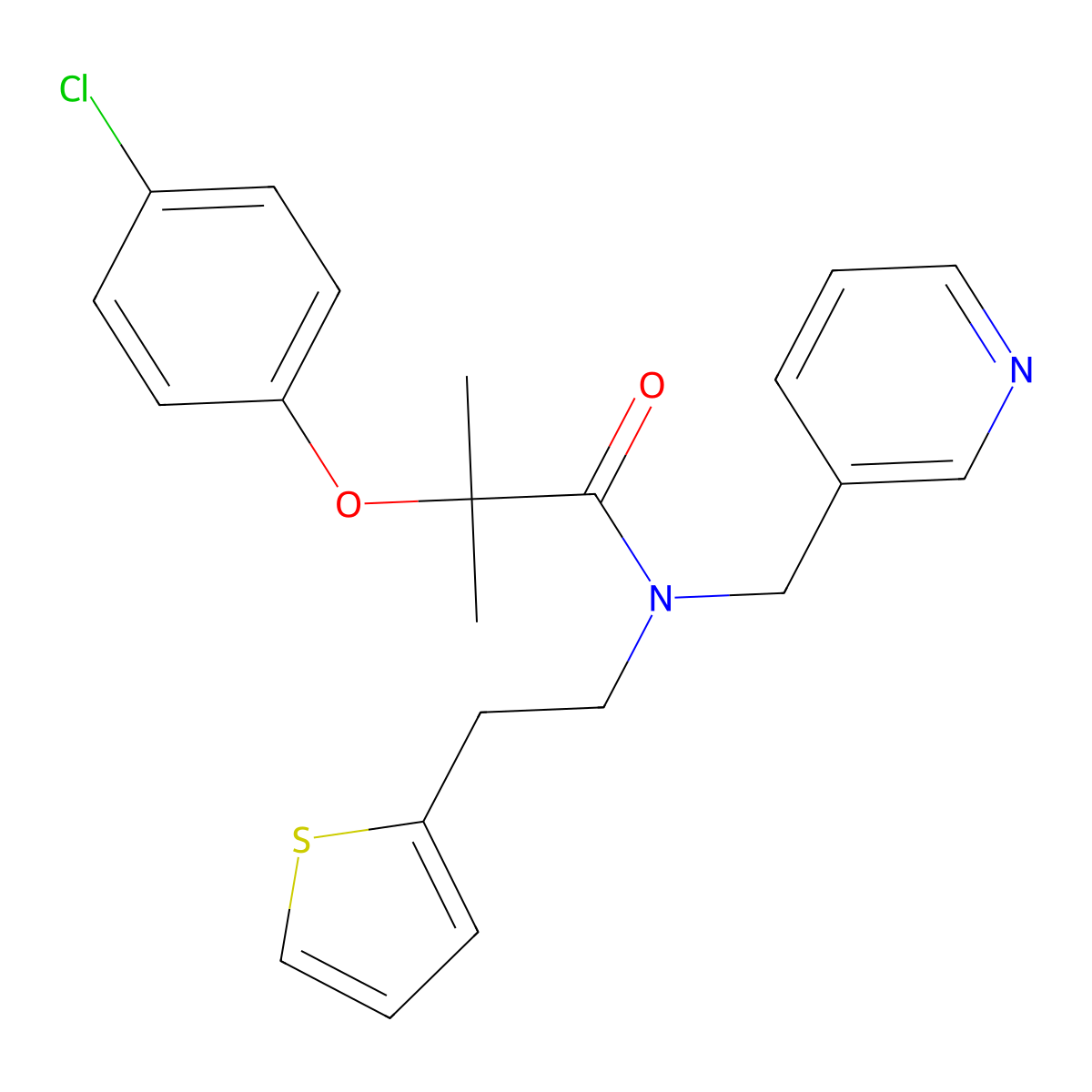 2-(4-chlorophenoxy)-2-methyl-N-(pyridin-3-ylmethyl)-N-(2-(thiophen-2-yl)ethyl)propanamide molecular structure, CAS 1396874-24-0