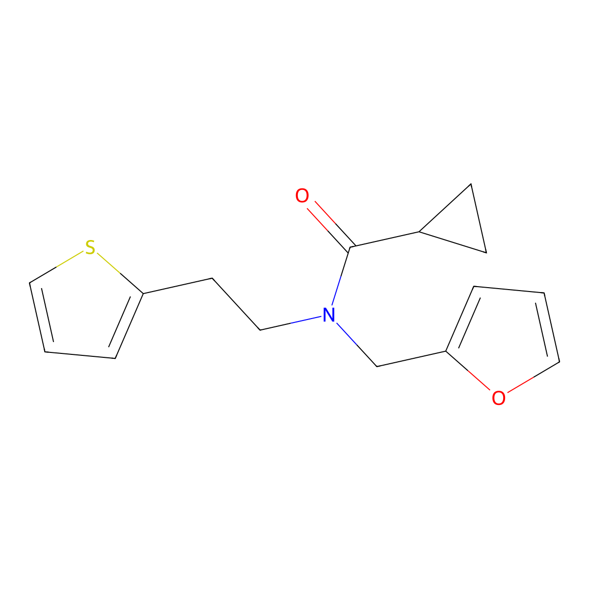 N-(furan-2-ylmethyl)-N-(2-(thiophen-2-yl)ethyl)cyclopropanecarboxamide molecular structure, CAS 1396874-33-1