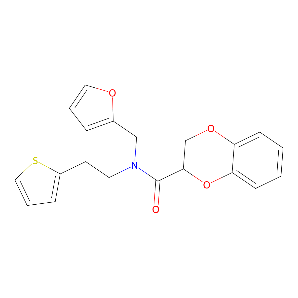N-(furan-2-ylmethyl)-N-(2-(thiophen-2-yl)ethyl)-2,3-dihydrobenzo[b][1,4]dioxine-2-carboxamide molecular structure, CAS 1396874-38-6