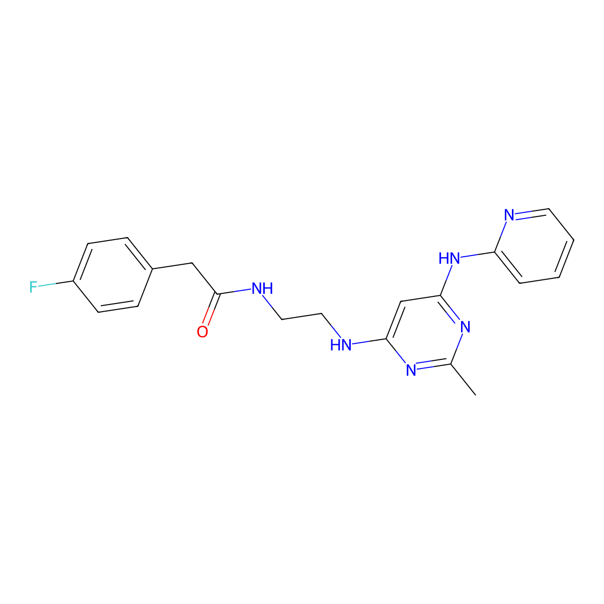 2-(4-fluorophenyl)-N-(2-((2-methyl-6-(pyridin-2-ylamino)pyrimidin-4-yl)amino)ethyl)acetamide molecular structure, CAS 1396874-39-7