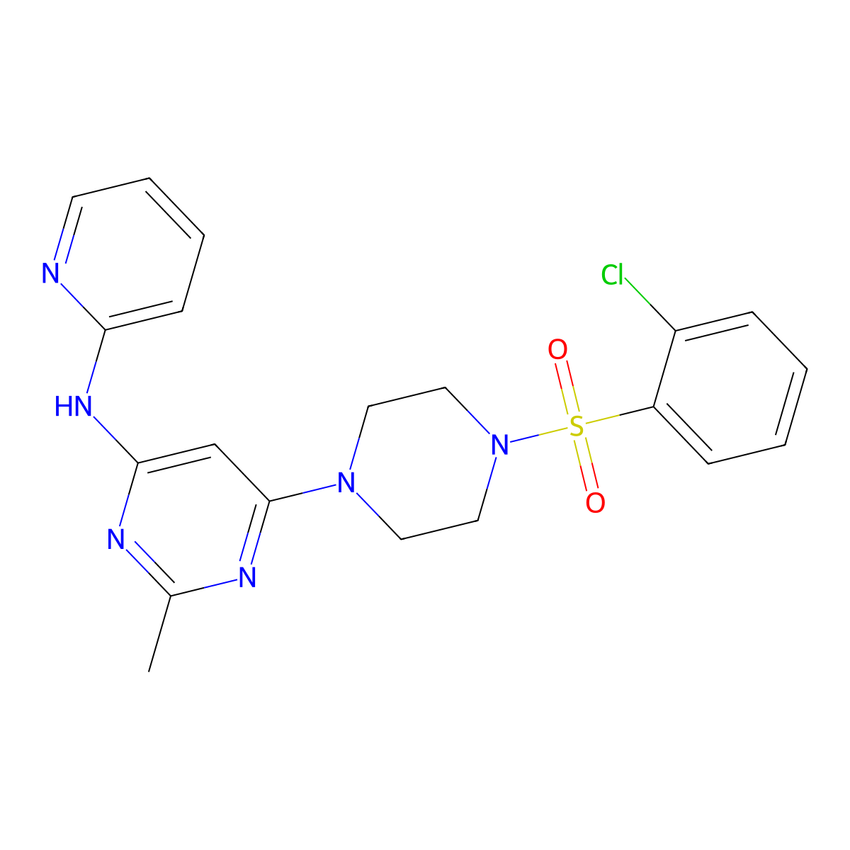 6-(4-((2-chlorophenyl)sulfonyl)piperazin-1-yl)-2-methyl-N-(pyridin-2-yl)pyrimidin-4-amine molecular structure, CAS 1396874-42-2