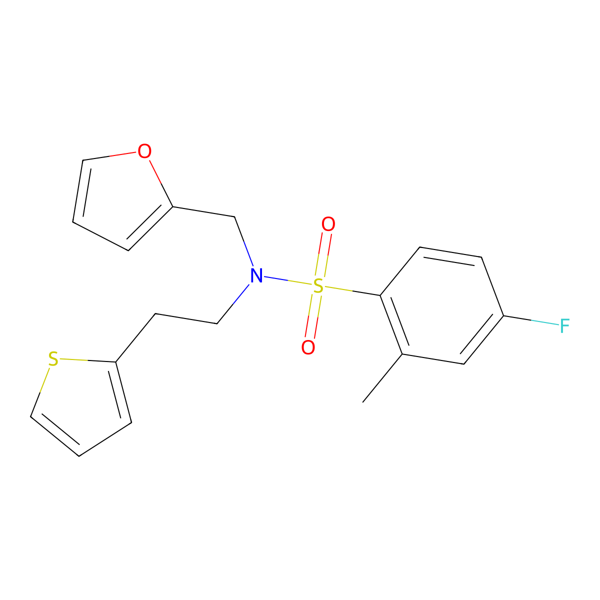 4-fluoro-N-(furan-2-ylmethyl)-2-methyl-N-(2-(thiophen-2-yl)ethyl)benzenesulfonamide molecular structure, CAS 1396874-44-4