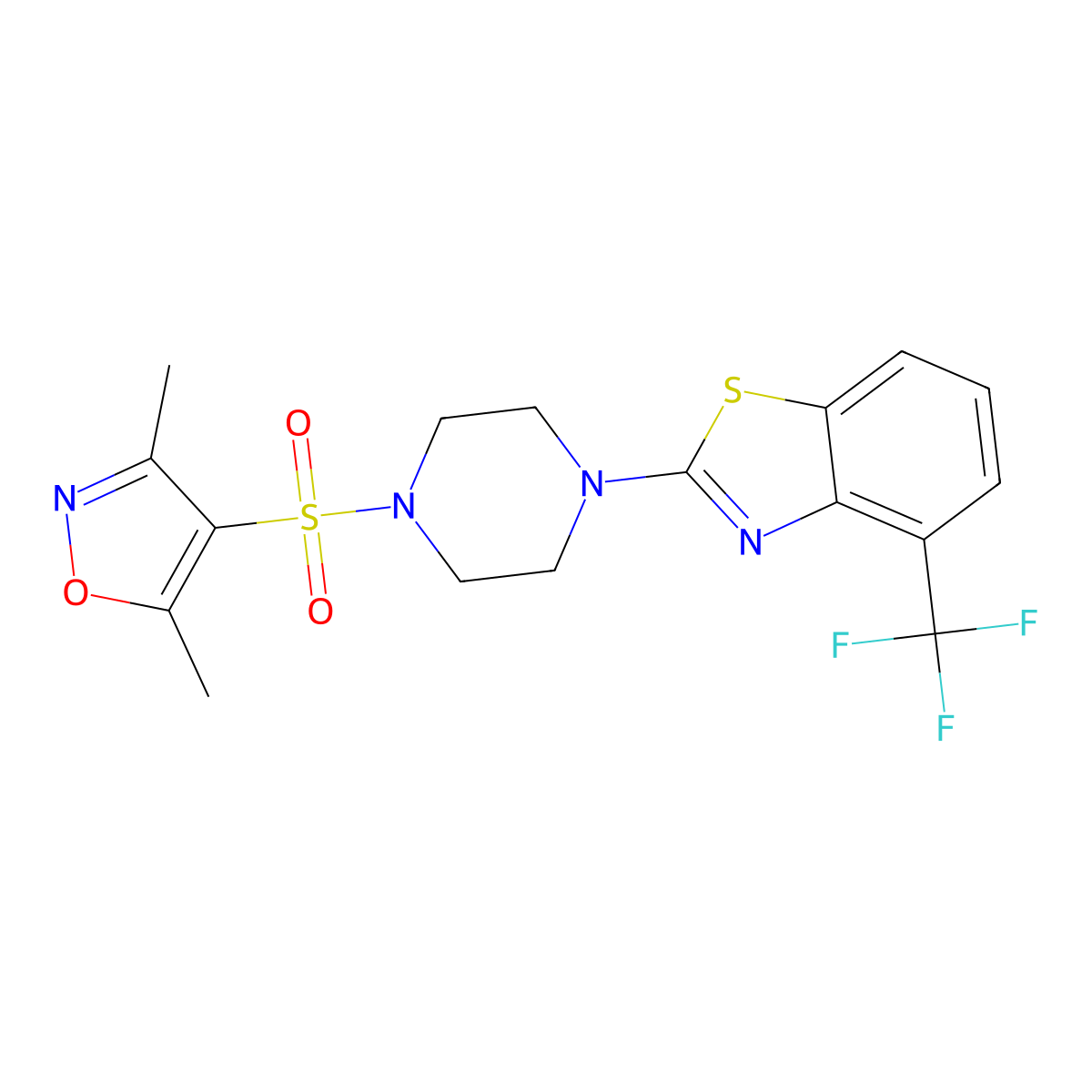 3,5-Dimethyl-4-((4-(4-(trifluoromethyl)benzo[d]thiazol-2-yl)piperazin-1-yl)sulfonyl)isoxazole molecular structure, CAS 1396874-45-5