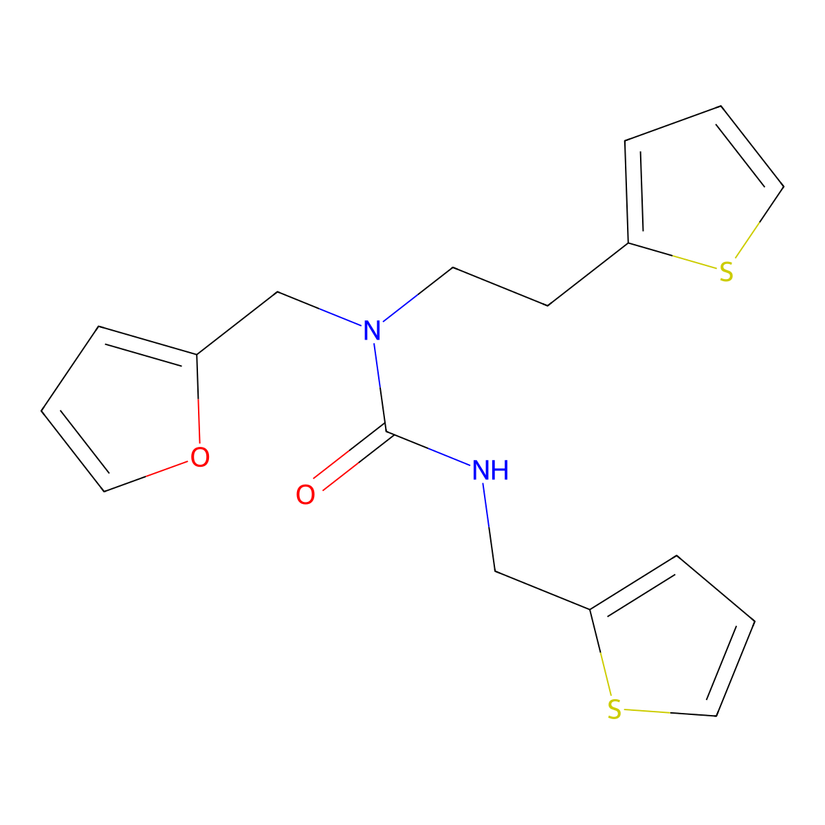 1-(Furan-2-ylmethyl)-1-(2-(thiophen-2-yl)ethyl)-3-(thiophen-2-ylmethyl)urea molecular structure, CAS 1396874-50-2