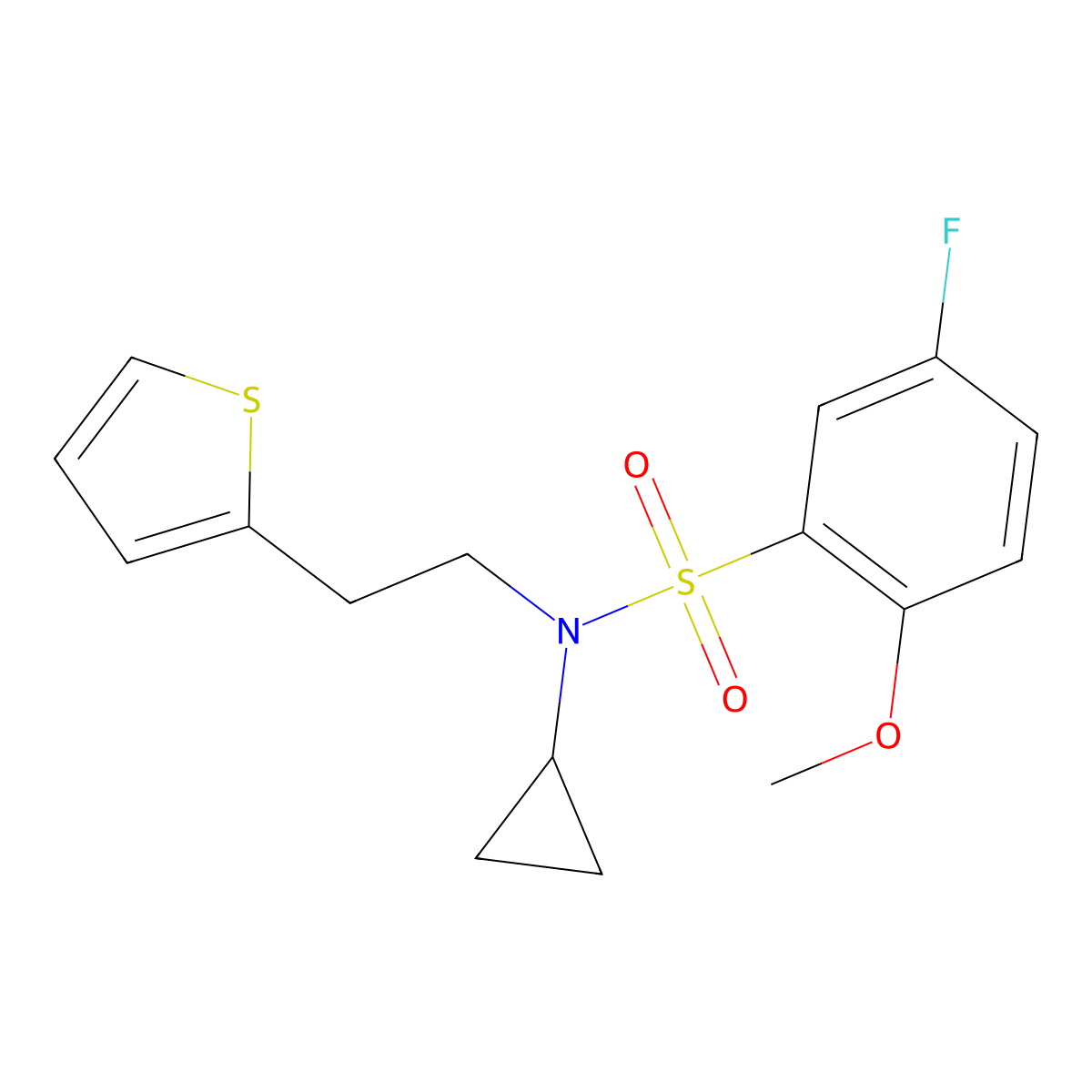 N-cyclopropyl-5-fluoro-2-methoxy-N-(2-(thiophen-2-yl)ethyl)benzenesulfonamide molecular structure, CAS 1396874-59-1