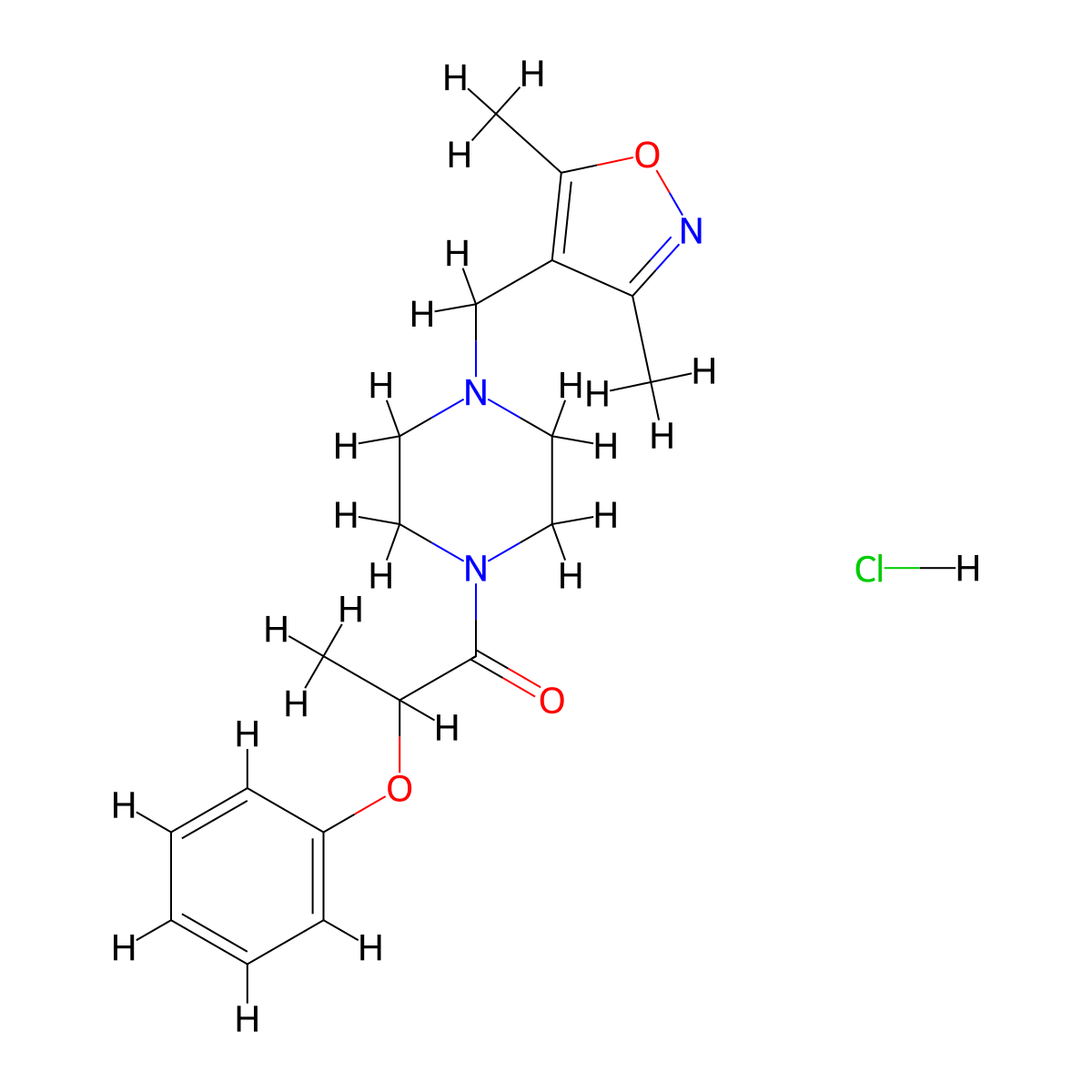 1-(4-((3,5-Dimethylisoxazol-4-yl)methyl)piperazin-1-yl)-2-phenoxypropan-1-one hydrochloride molecular structure, CAS 1396874-75-1