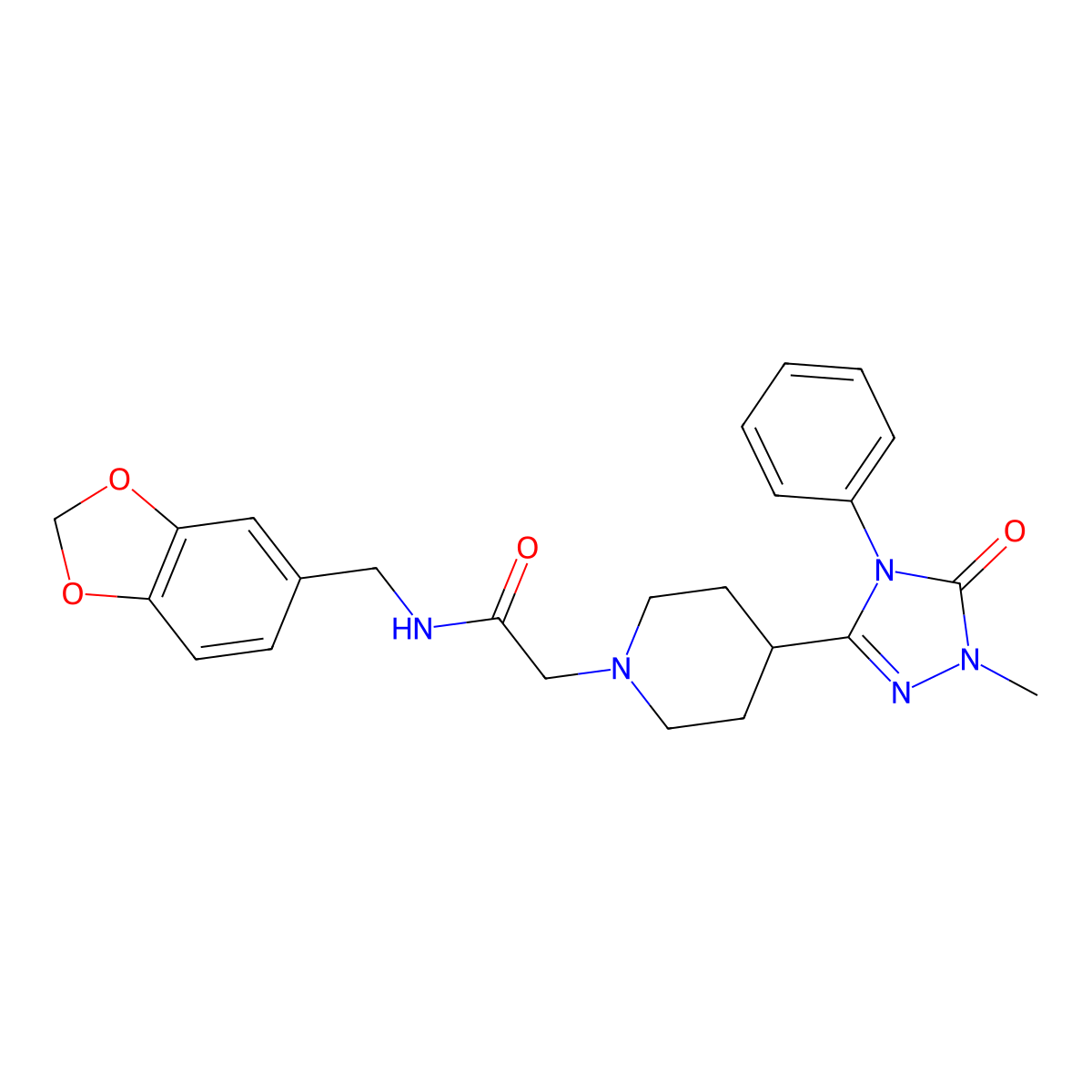 N-(benzo[d][1,3]dioxol-5-ylmethyl)-2-(4-(1-methyl-5-oxo-4-phenyl-4,5-dihydro-1H-1,2,4-triazol-3-yl)piperidin-1-yl)acetamide molecular structure, CAS 1396874-81-9