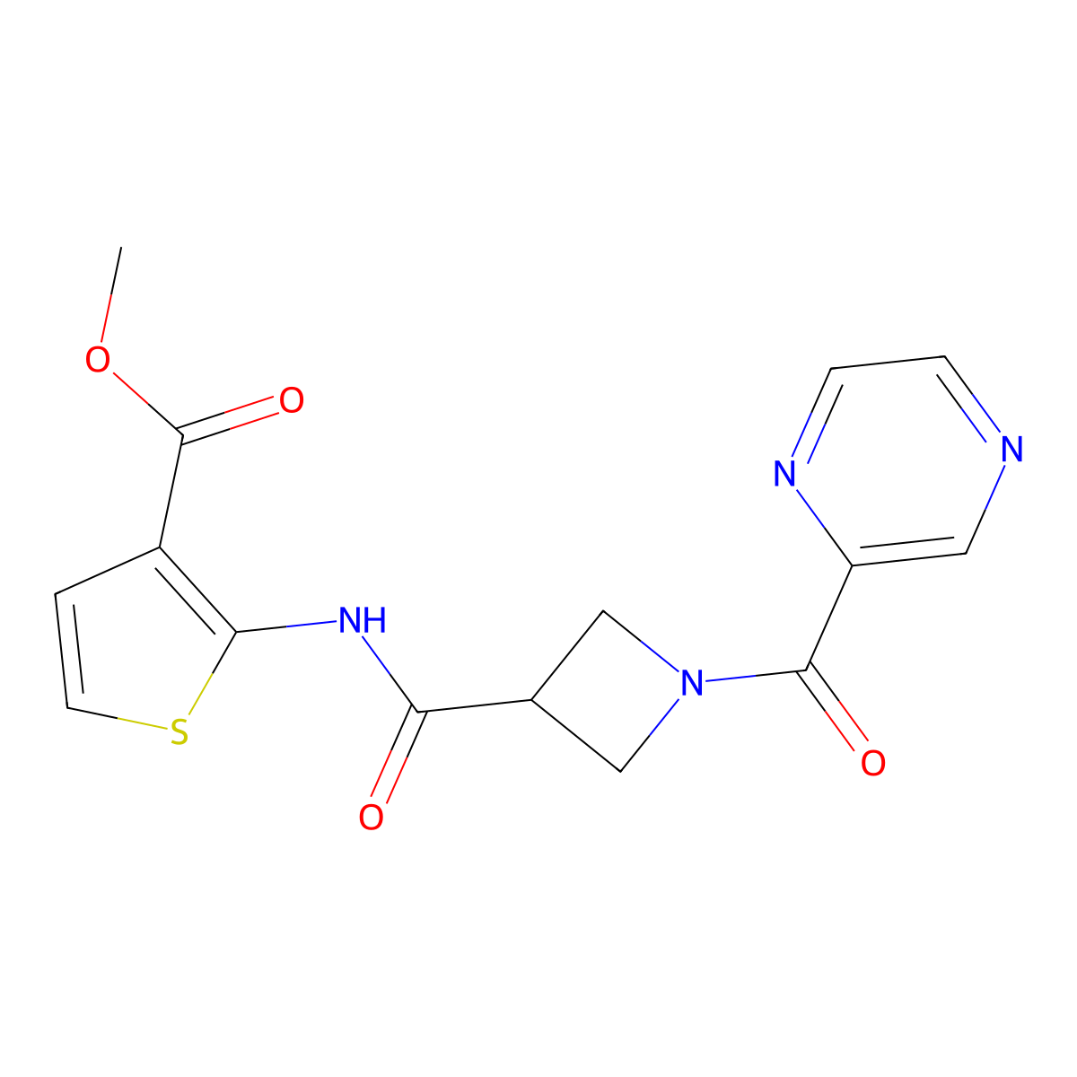 Methyl 2-(1-(pyrazine-2-carbonyl)azetidine-3-carboxamido)thiophene-3-carboxylate molecular structure, CAS 1396874-91-1