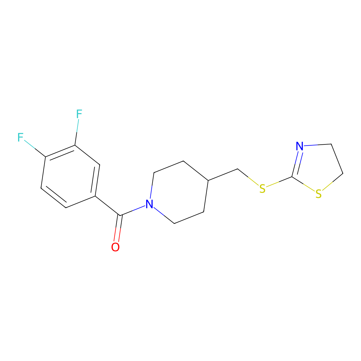 (3,4-Difluorophenyl)(4-(((4,5-dihydrothiazol-2-yl)thio)methyl)piperidin-1-yl)methanone molecular structure, CAS 1396874-98-8