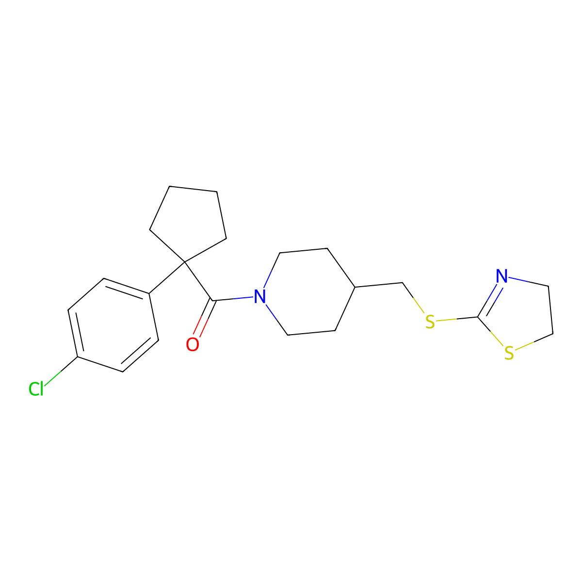 (1-(4-Chlorophenyl)cyclopentyl)(4-(((4,5-dihydrothiazol-2-yl)thio)methyl)piperidin-1-yl)methanone molecular structure, CAS 1396875-06-1
