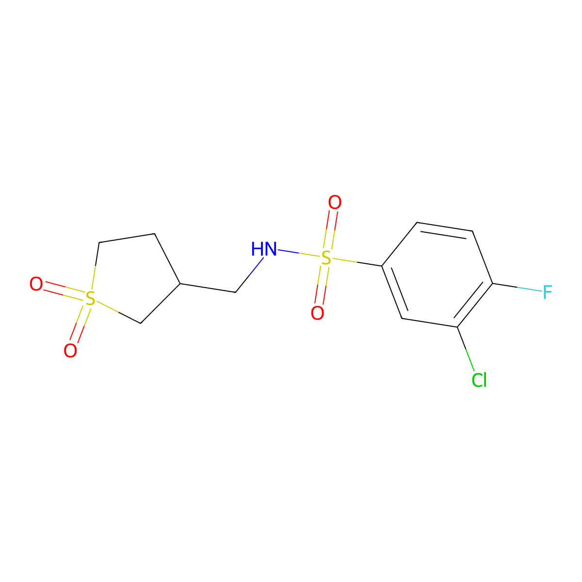 3-chloro-N-((1,1-dioxidotetrahydrothiophen-3-yl)methyl)-4-fluorobenzenesulfonamide molecular structure, CAS 1396875-09-4