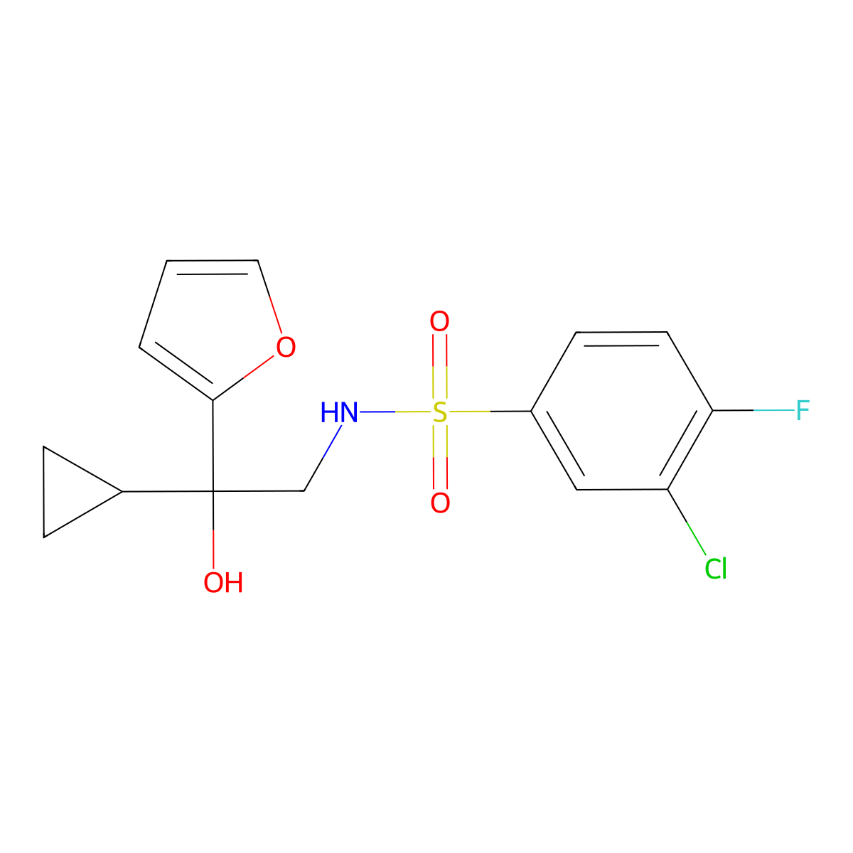 3-chloro-N-(2-cyclopropyl-2-(furan-2-yl)-2-hydroxyethyl)-4-fluorobenzenesulfonamide molecular structure, CAS 1396875-10-7