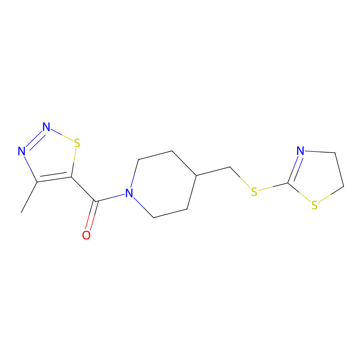 (4-(((4,5-Dihydrothiazol-2-yl)thio)methyl)piperidin-1-yl)(4-methyl-1,2,3-thiadiazol-5-yl)methanone molecular structure, CAS 1396875-12-9