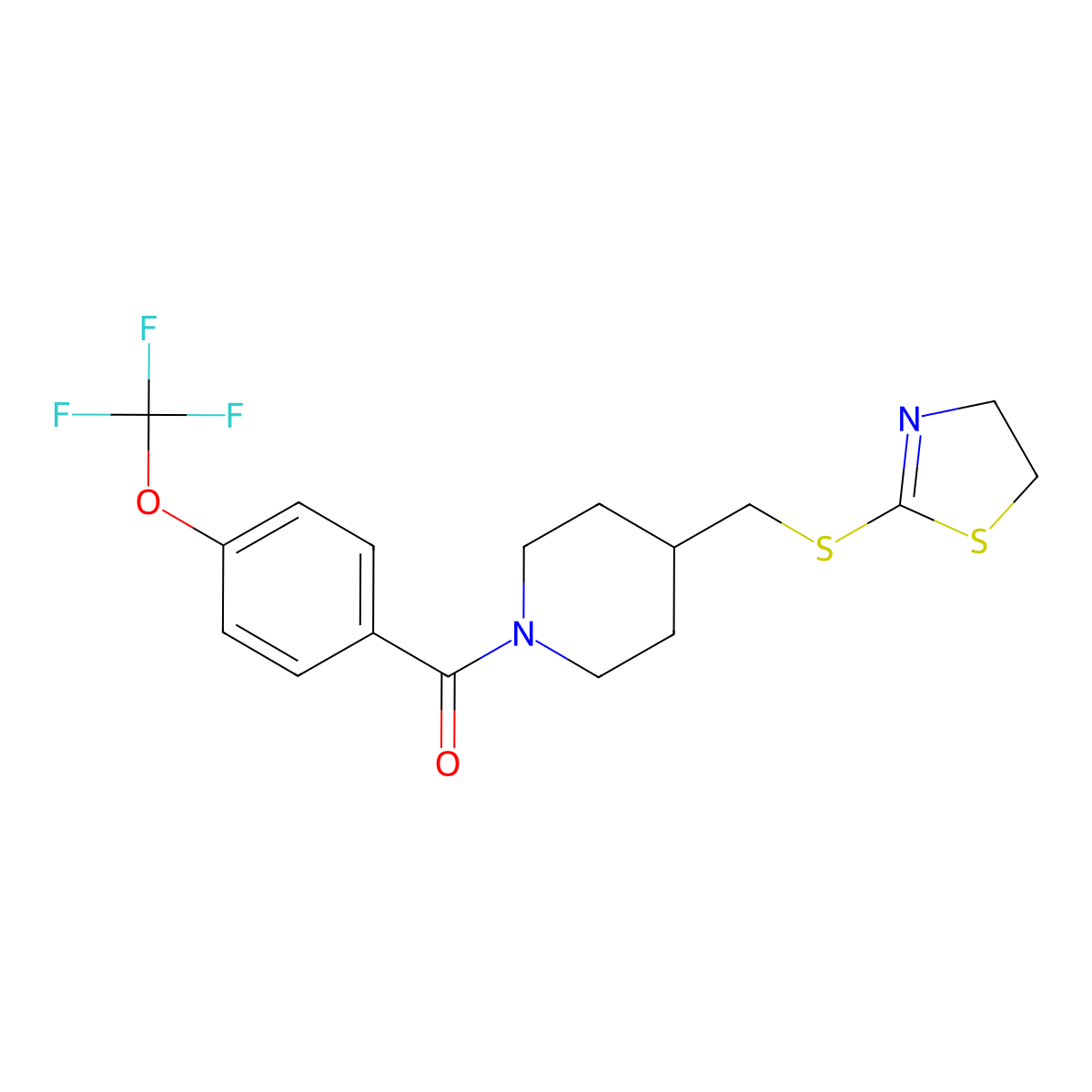 (4-(((4,5-Dihydrothiazol-2-yl)thio)methyl)piperidin-1-yl)(4-(trifluoromethoxy)phenyl)methanone molecular structure, CAS 1396875-22-1