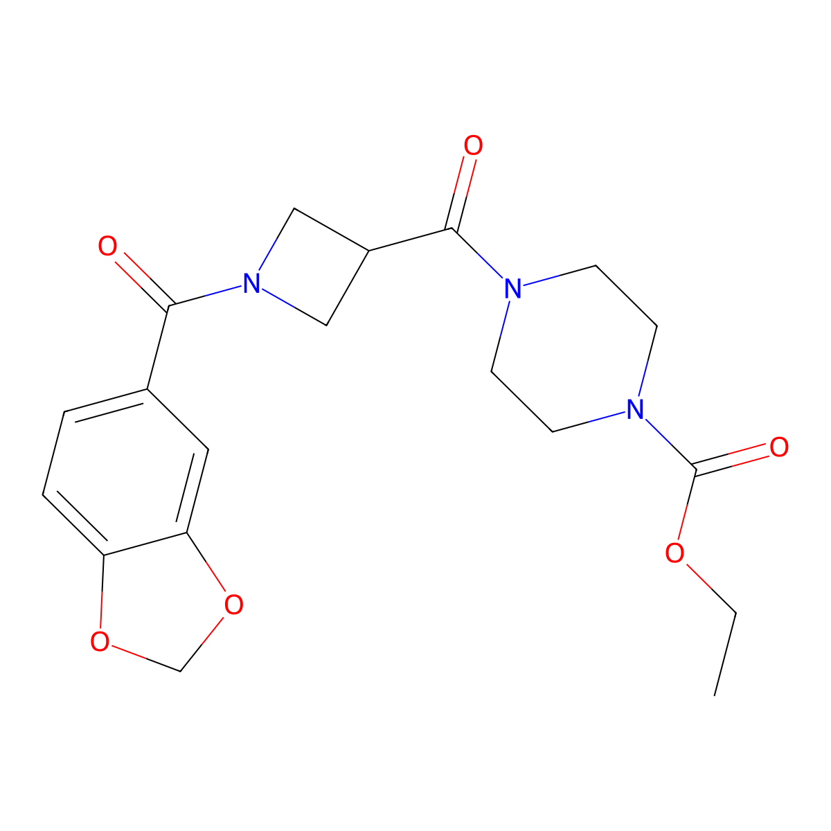Ethyl 4-(1-(benzo[d][1,3]dioxole-5-carbonyl)azetidine-3-carbonyl)piperazine-1-carboxylate molecular structure, CAS 1396875-28-7