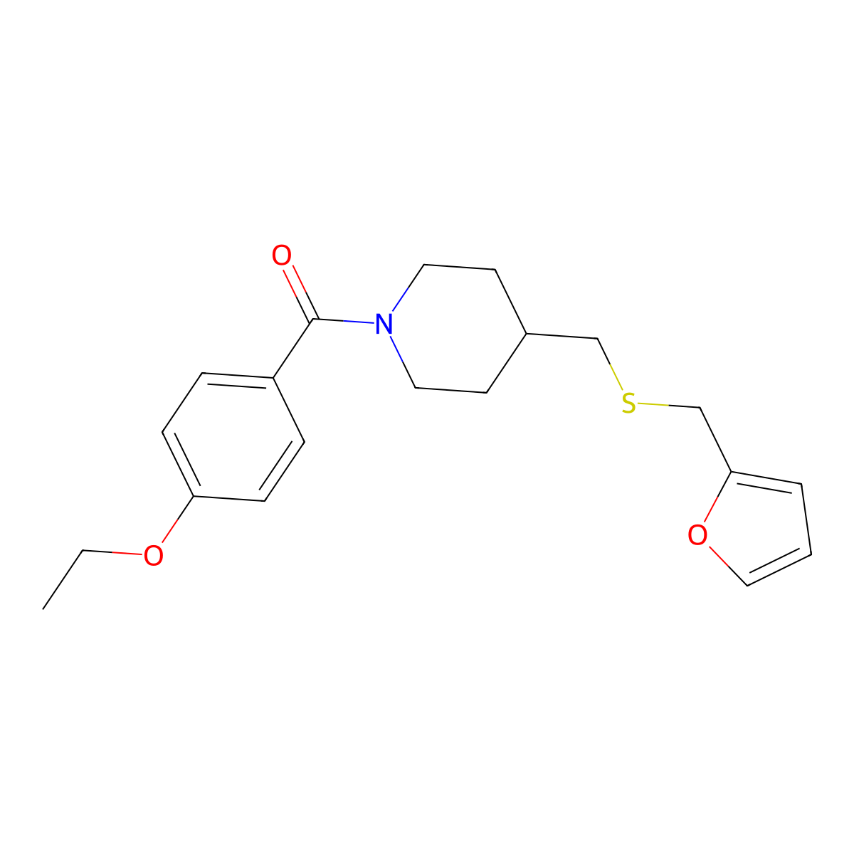 (4-Ethoxyphenyl)(4-(((furan-2-ylmethyl)thio)methyl)piperidin-1-yl)methanone molecular structure, CAS 1396875-29-8