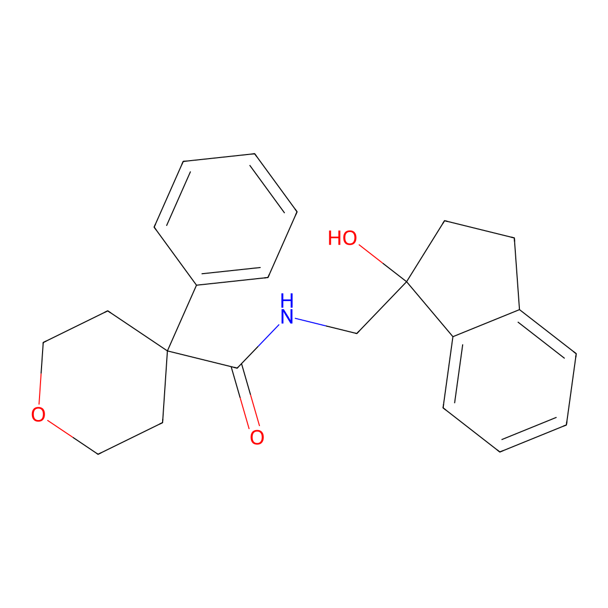 N-[(1-hydroxy-2,3-dihydro-1H-inden-1-yl)methyl]-4-phenyloxane-4-carboxamide molecular structure, CAS 1396875-41-4