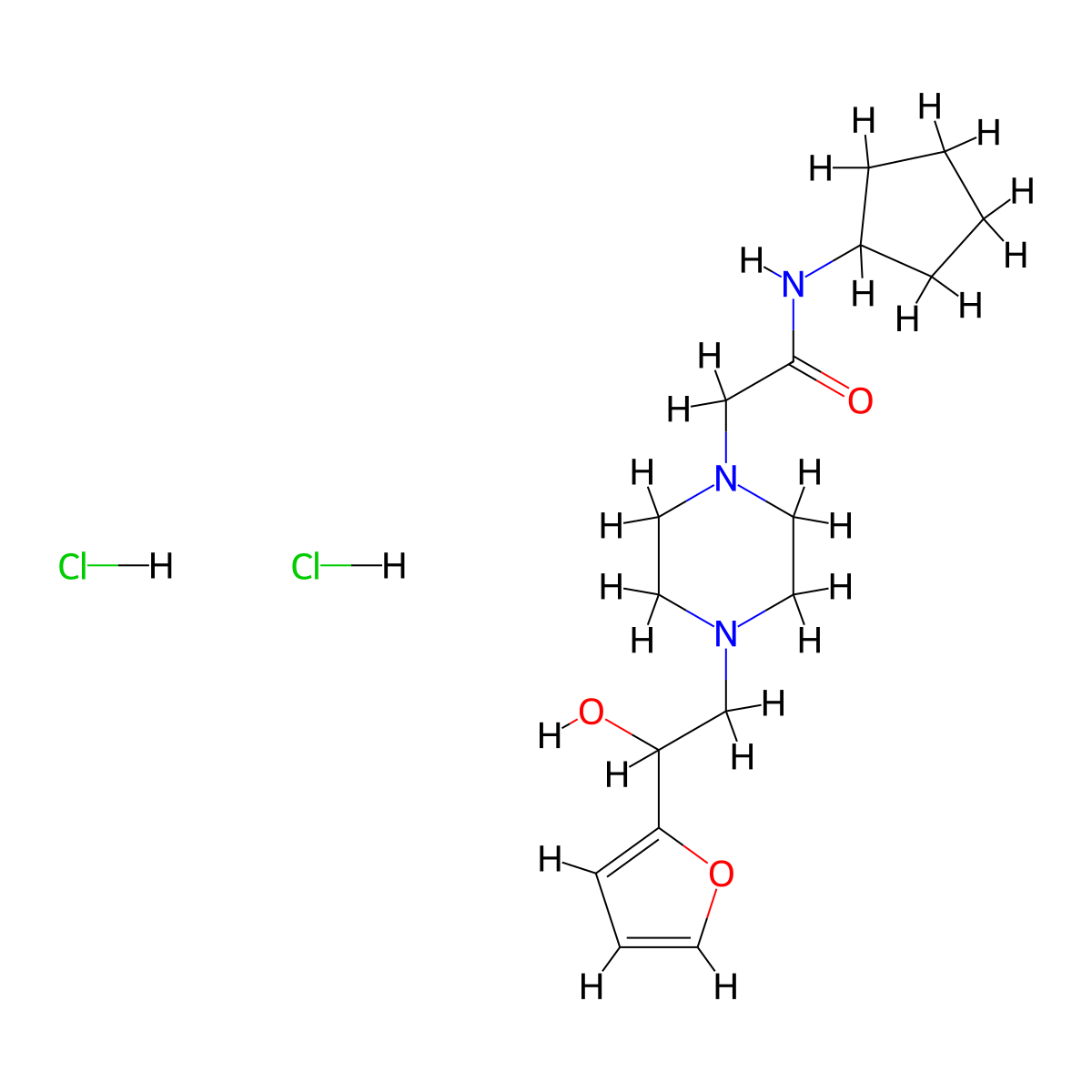 N-cyclopentyl-2-(4-(2-(furan-2-yl)-2-hydroxyethyl)piperazin-1-yl)acetamide dihydrochloride molecular structure, CAS 1396875-50-5