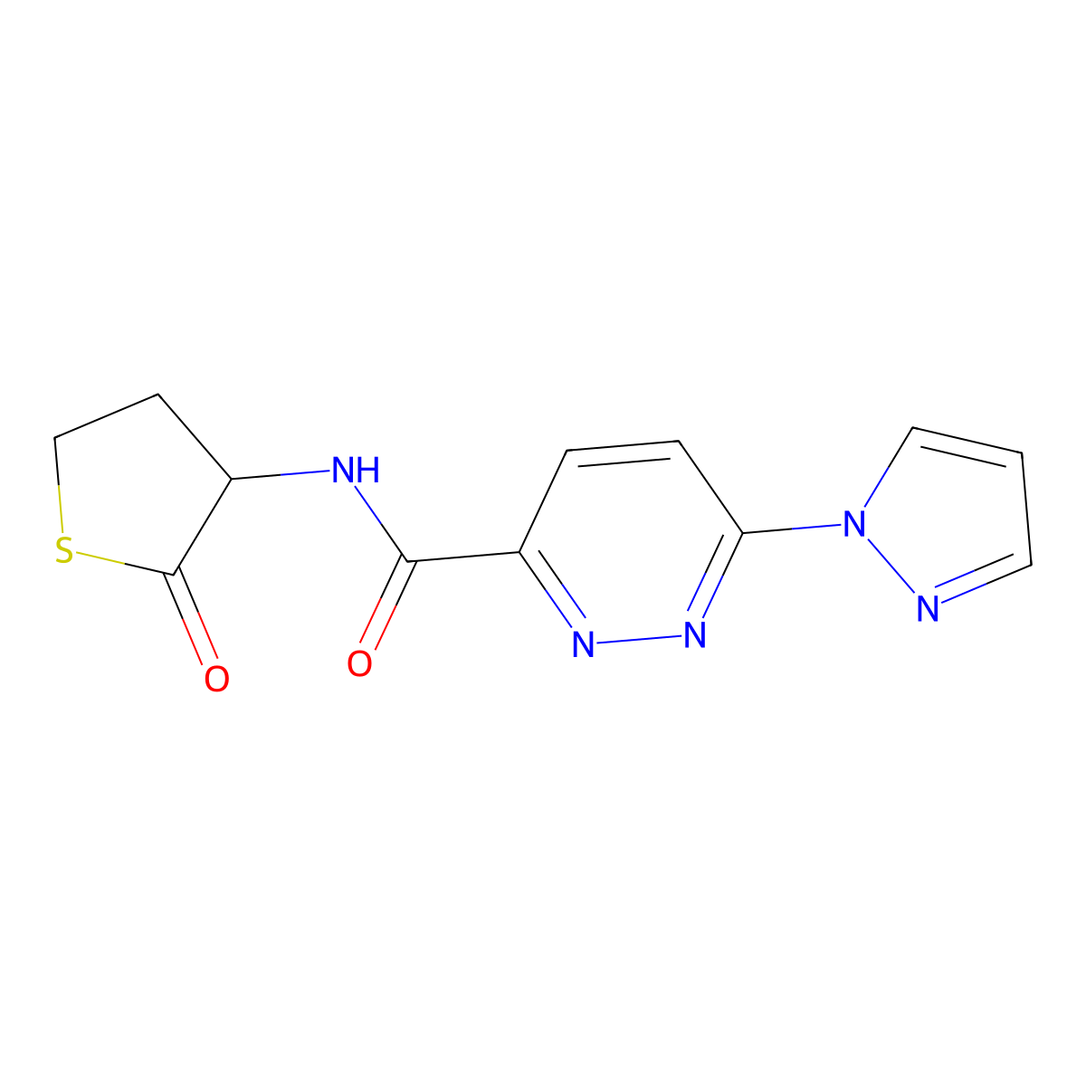 N-(2-oxotetrahydrothiophen-3-yl)-6-(1H-pyrazol-1-yl)pyridazine-3-carboxamide molecular structure, CAS 1396875-59-4