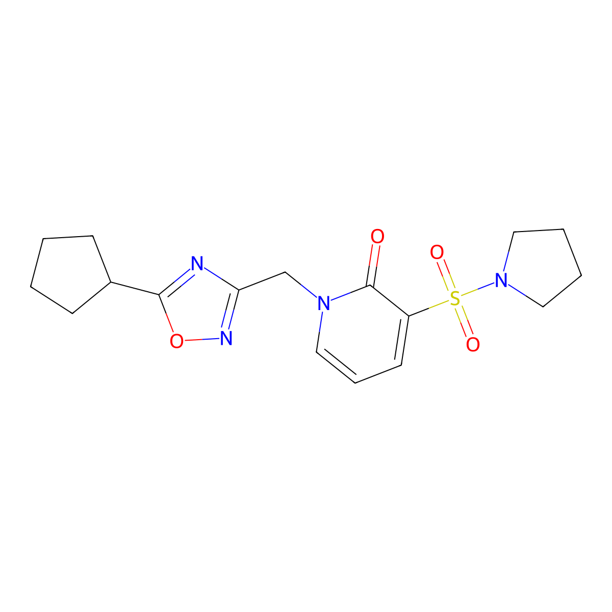 1-((5-cyclopentyl-1,2,4-oxadiazol-3-yl)methyl)-3-(pyrrolidin-1-ylsulfonyl)pyridin-2(1H)-one molecular structure, CAS 1396875-74-3