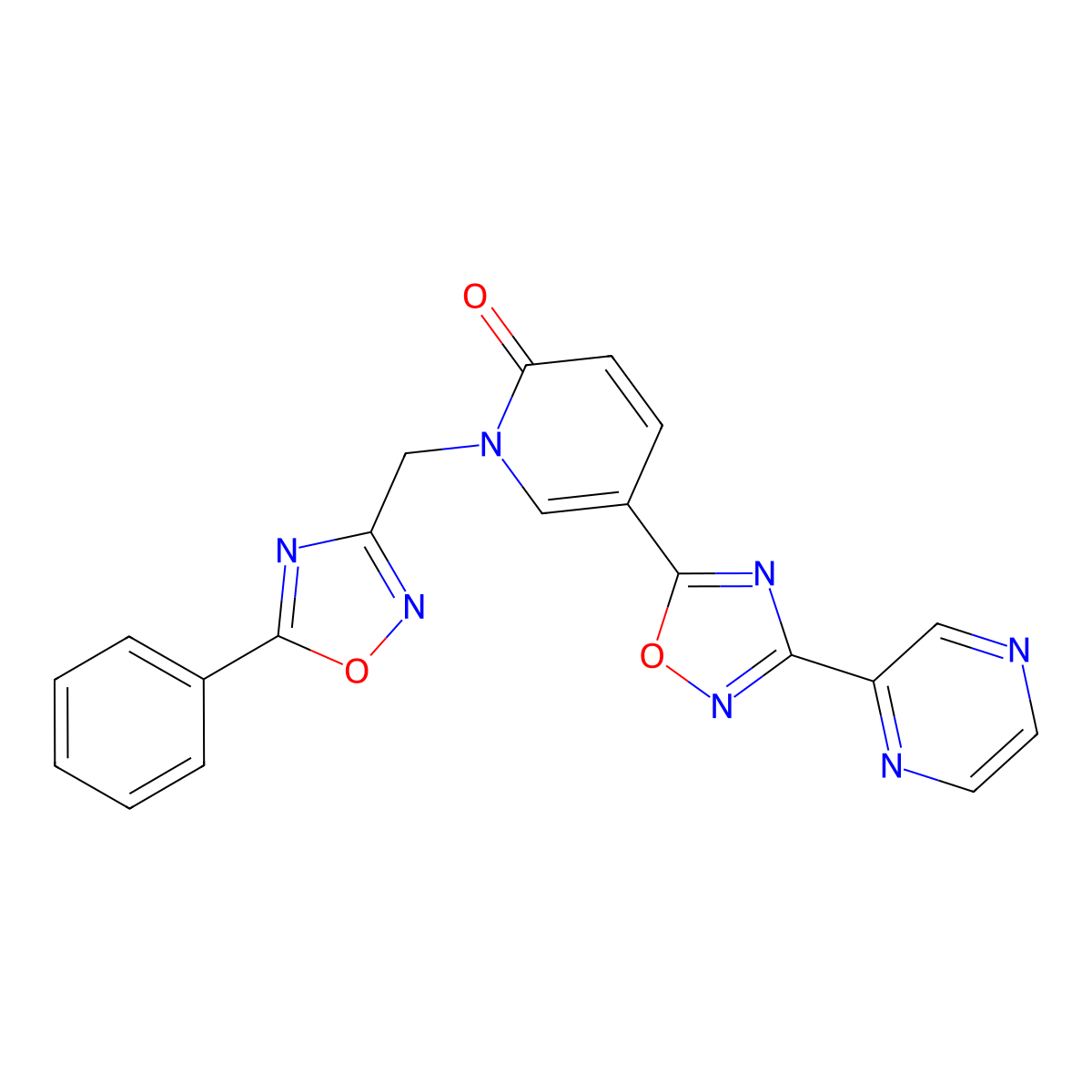 1-((5-phenyl-1,2,4-oxadiazol-3-yl)methyl)-5-(3-(pyrazin-2-yl)-1,2,4-oxadiazol-5-yl)pyridin-2(1H)-one molecular structure, CAS 1396876-04-2